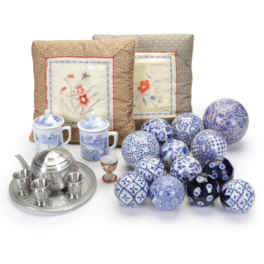 Dun Huang Silk Pillows, Ceramic Carpet Balls, Thai Pewter Tea Set and More