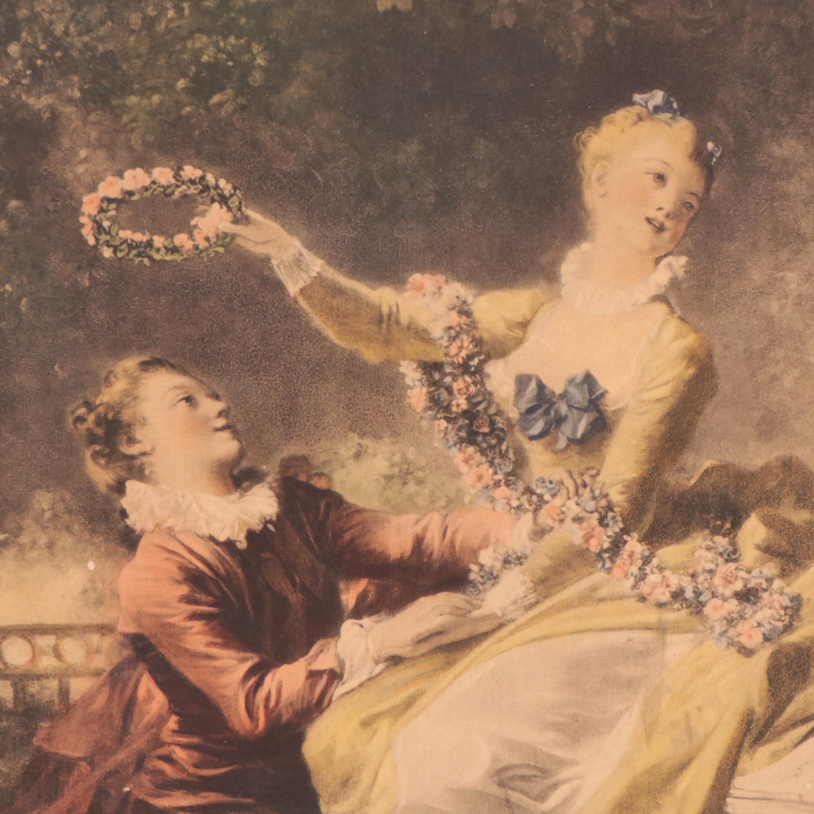 Hand-Colored Rotogravure After Jean-Honoré Fragonard "The Wreath," Circa 1940