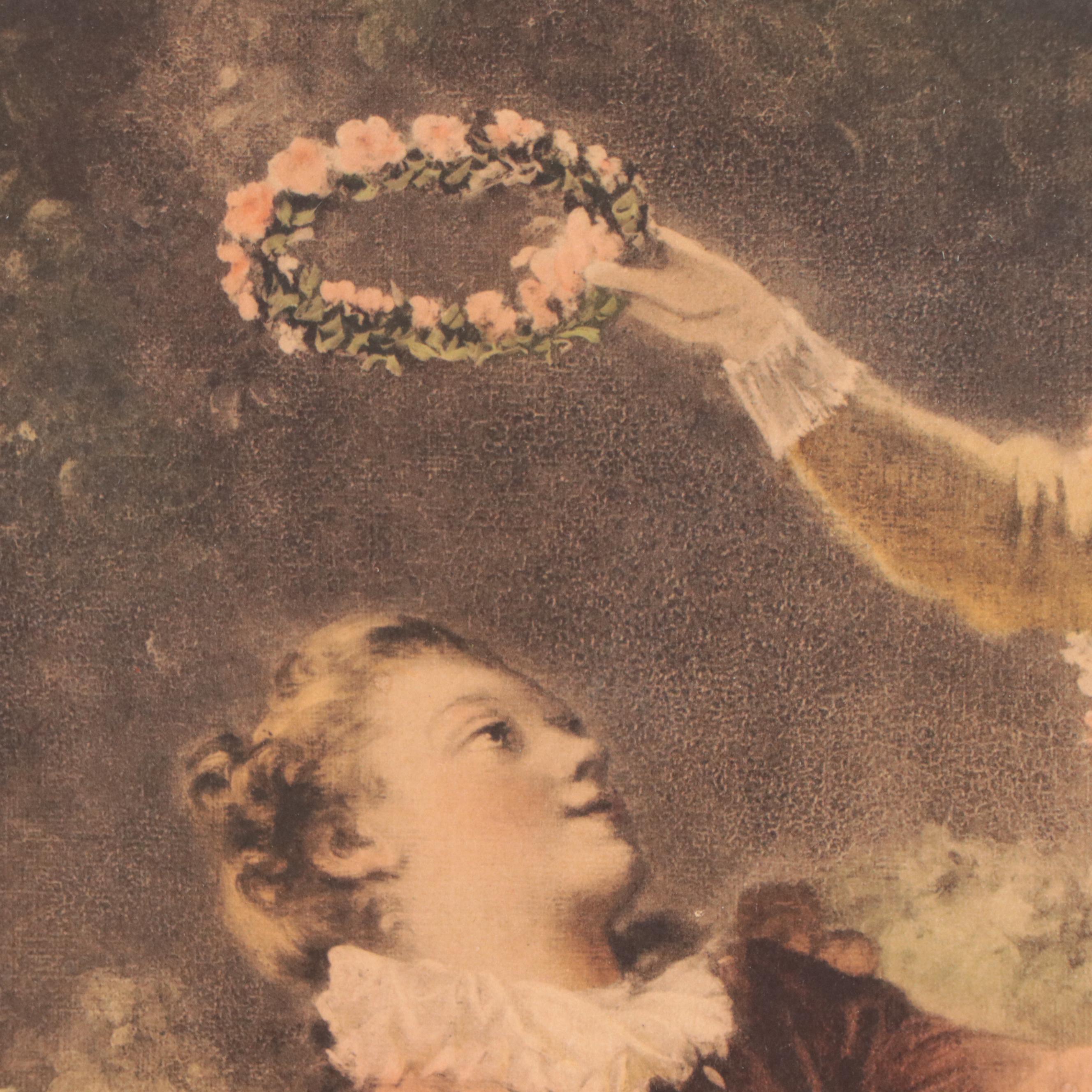 Hand-Colored Rotogravure After Jean-Honoré Fragonard "The Wreath," Circa 1940