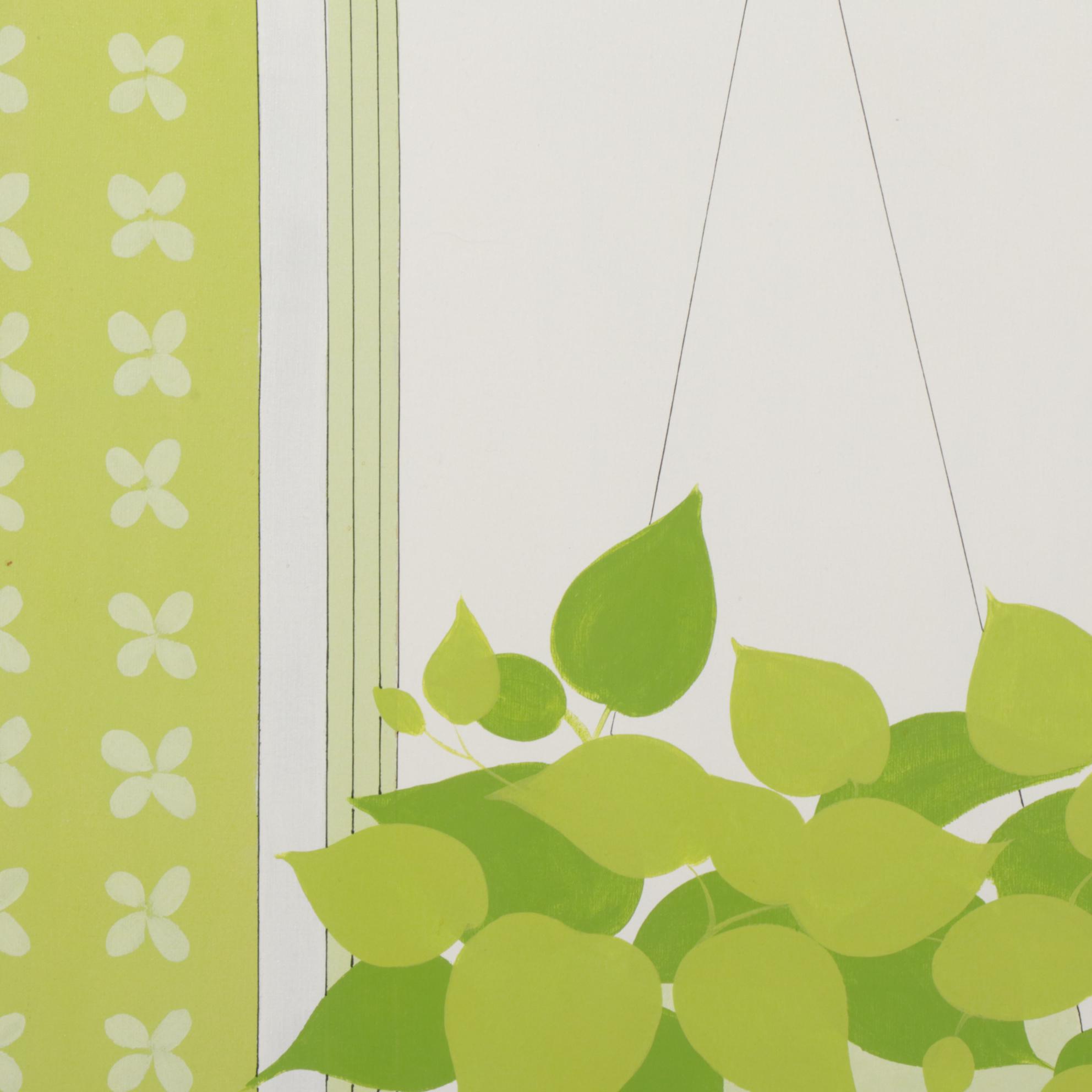 Carol Raab Still Life Acrylic Painting of Potted Ferns and Apple, Circa 1975