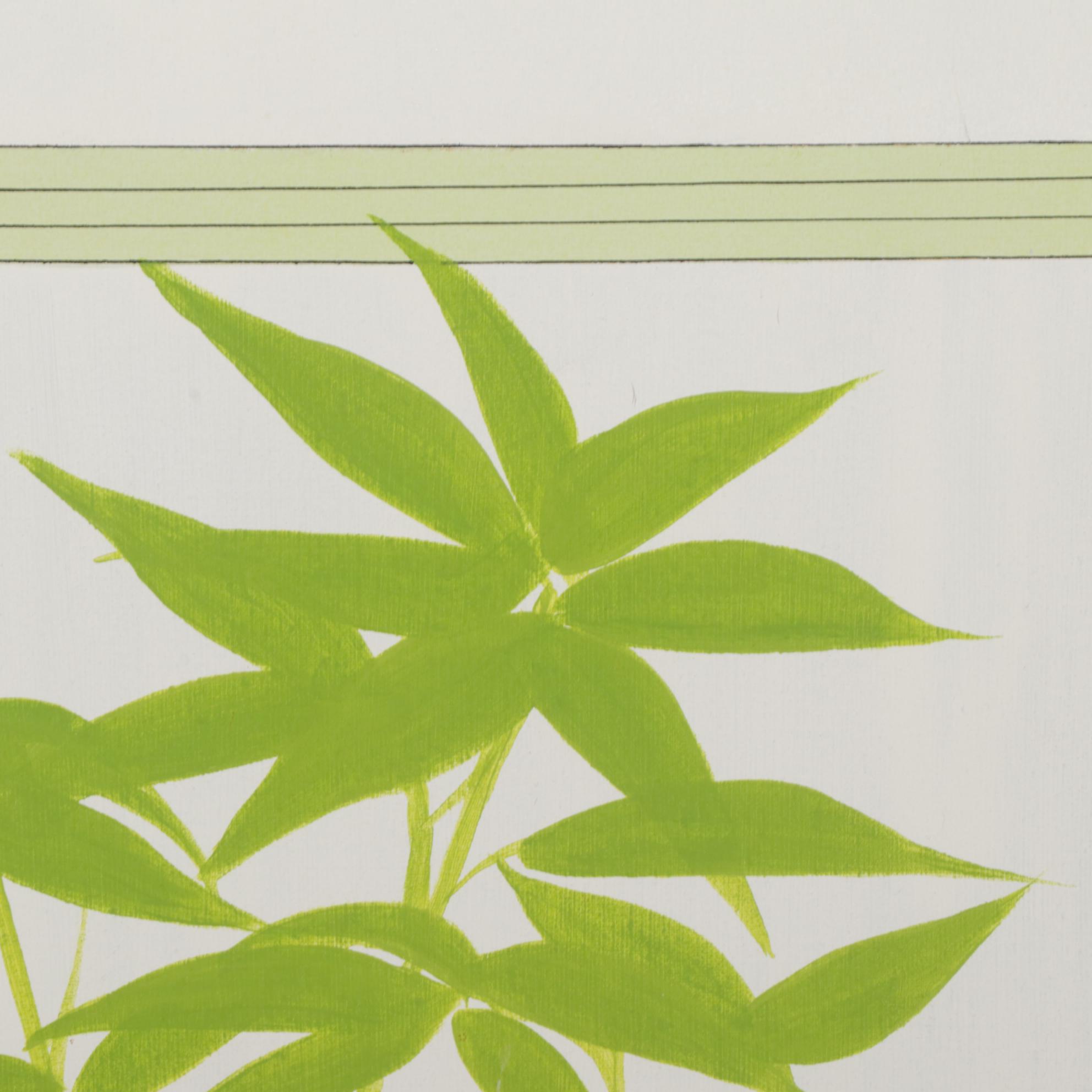 Carol Raab Still Life Acrylic Painting of Potted Ferns and Apple, Circa 1975