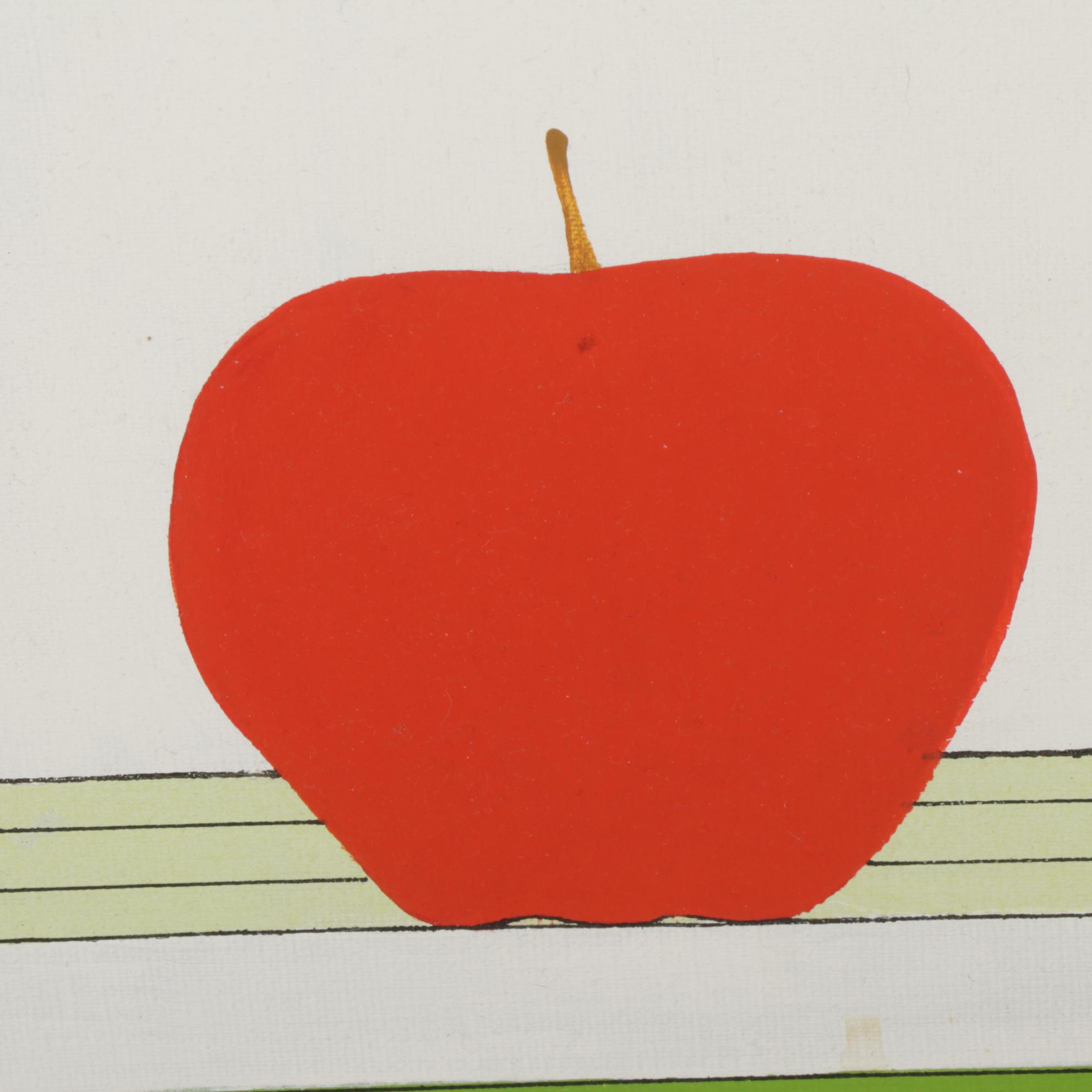 Carol Raab Still Life Acrylic Painting of Potted Ferns and Apple, Circa 1975