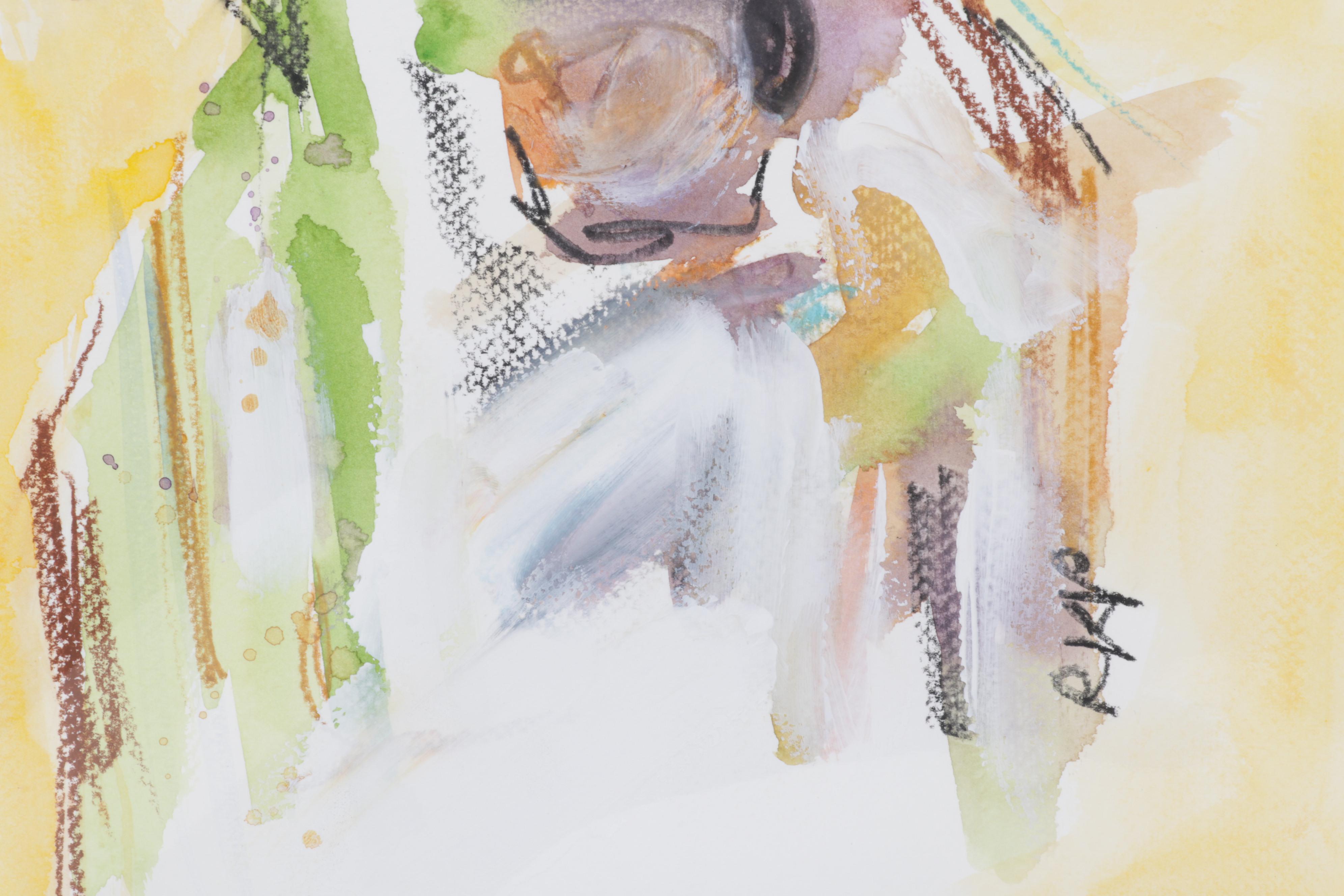 R. Kay Piar Folk Art Watercolor and Gouache Painting "Cow," 21st Century