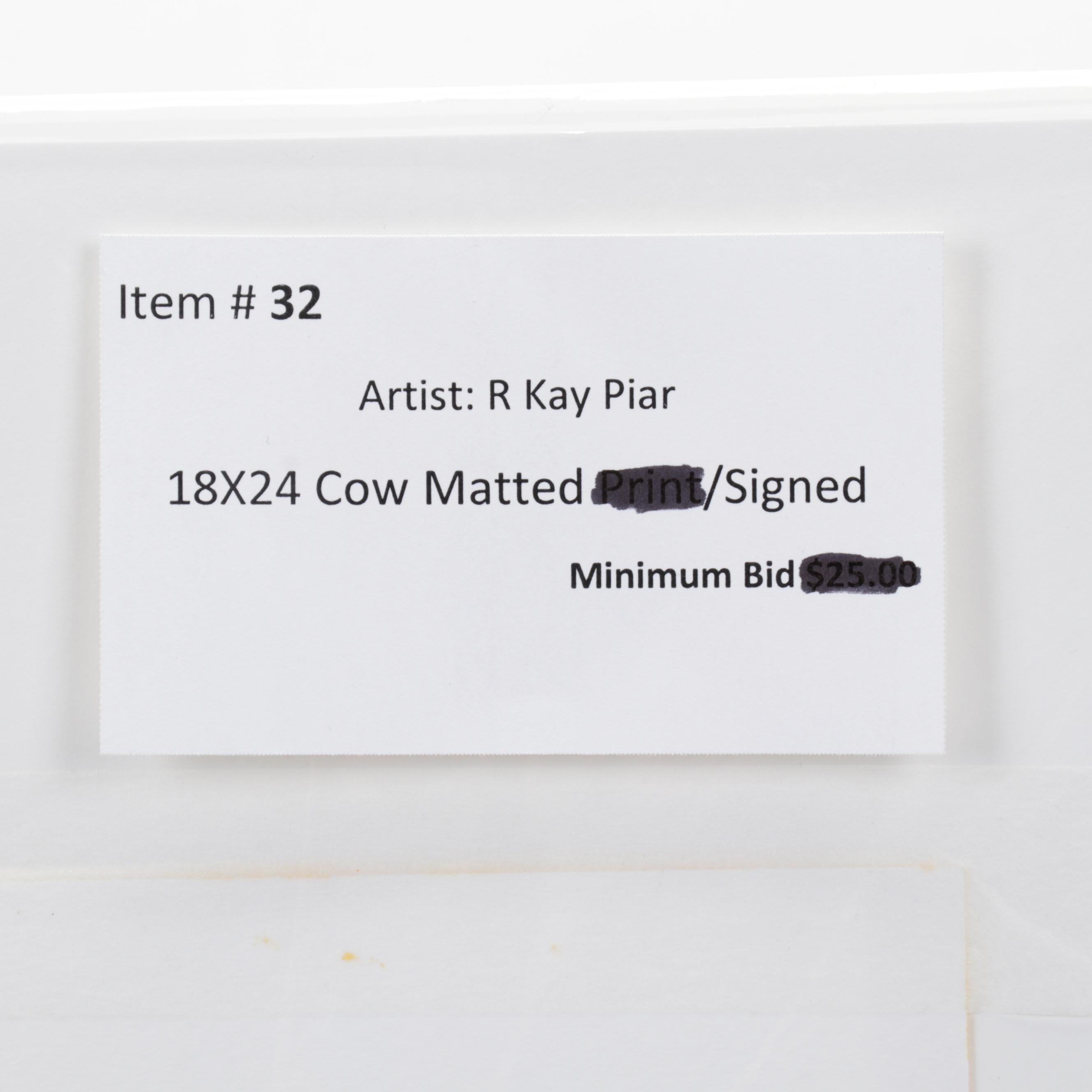 R. Kay Piar Folk Art Watercolor and Gouache Painting "Cow," 21st Century