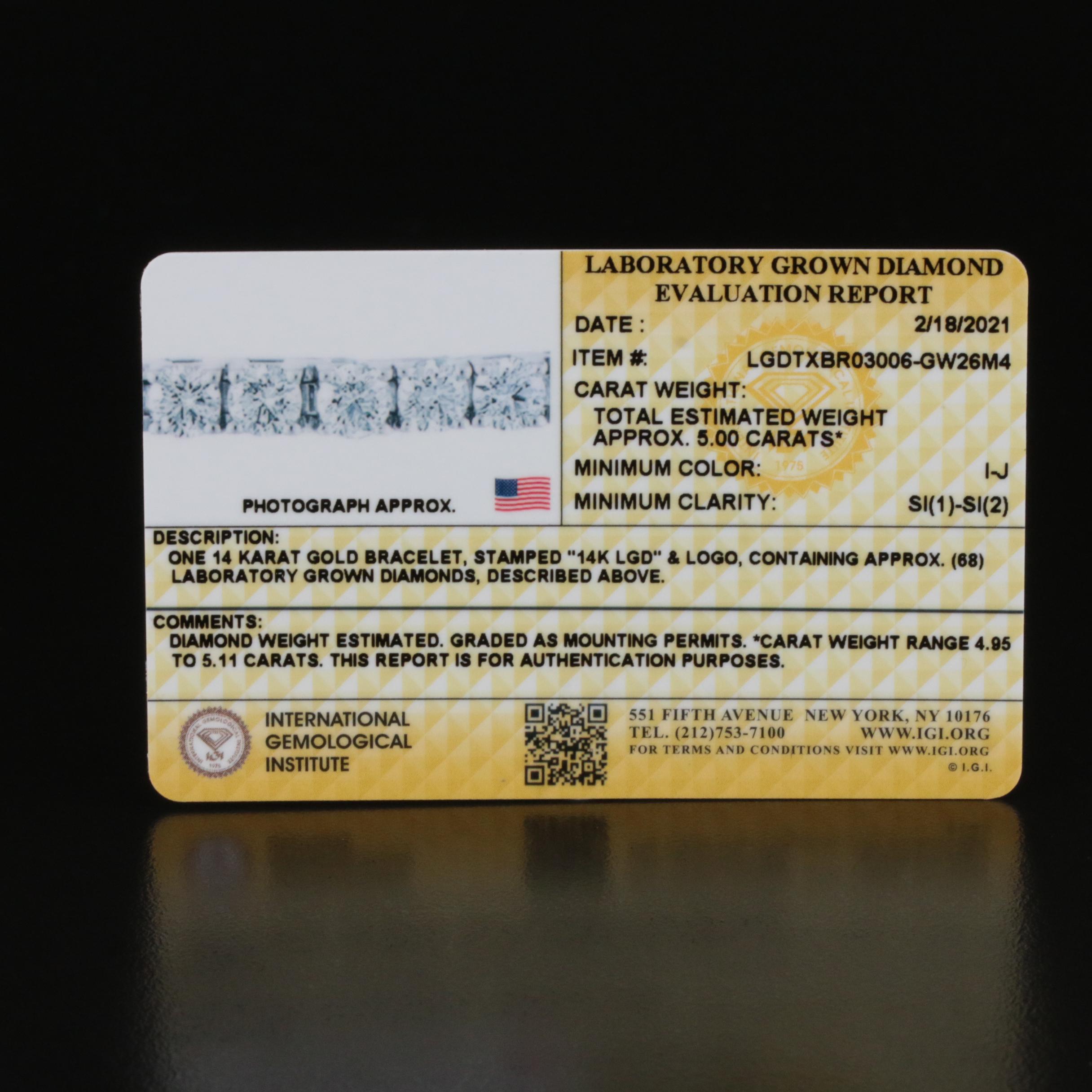 14K 5.00 CTW Lab Grown Diamond Bracelet with IGI Report