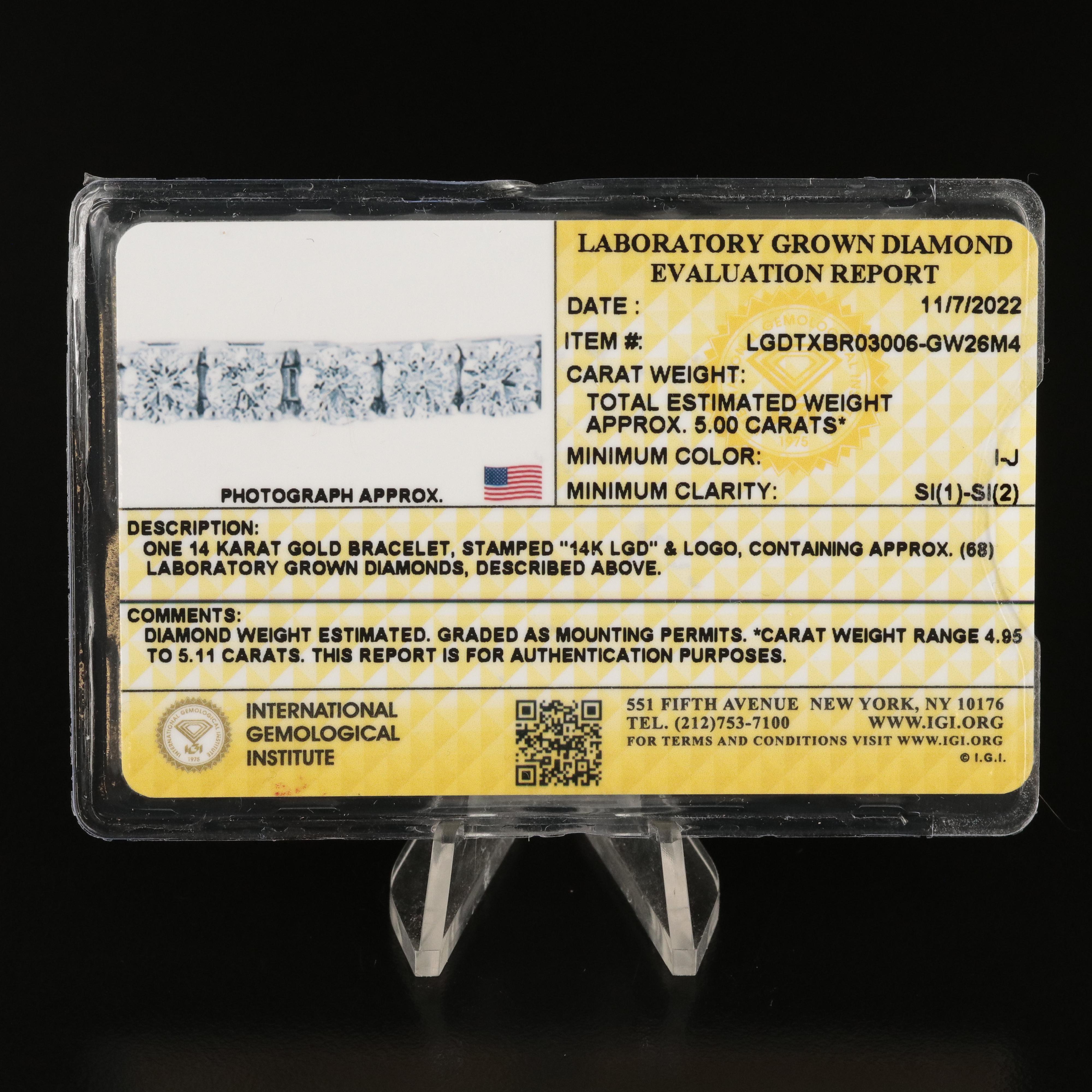 14K 5.00 CTW Lab Grown Diamond Bracelet with IGI Report