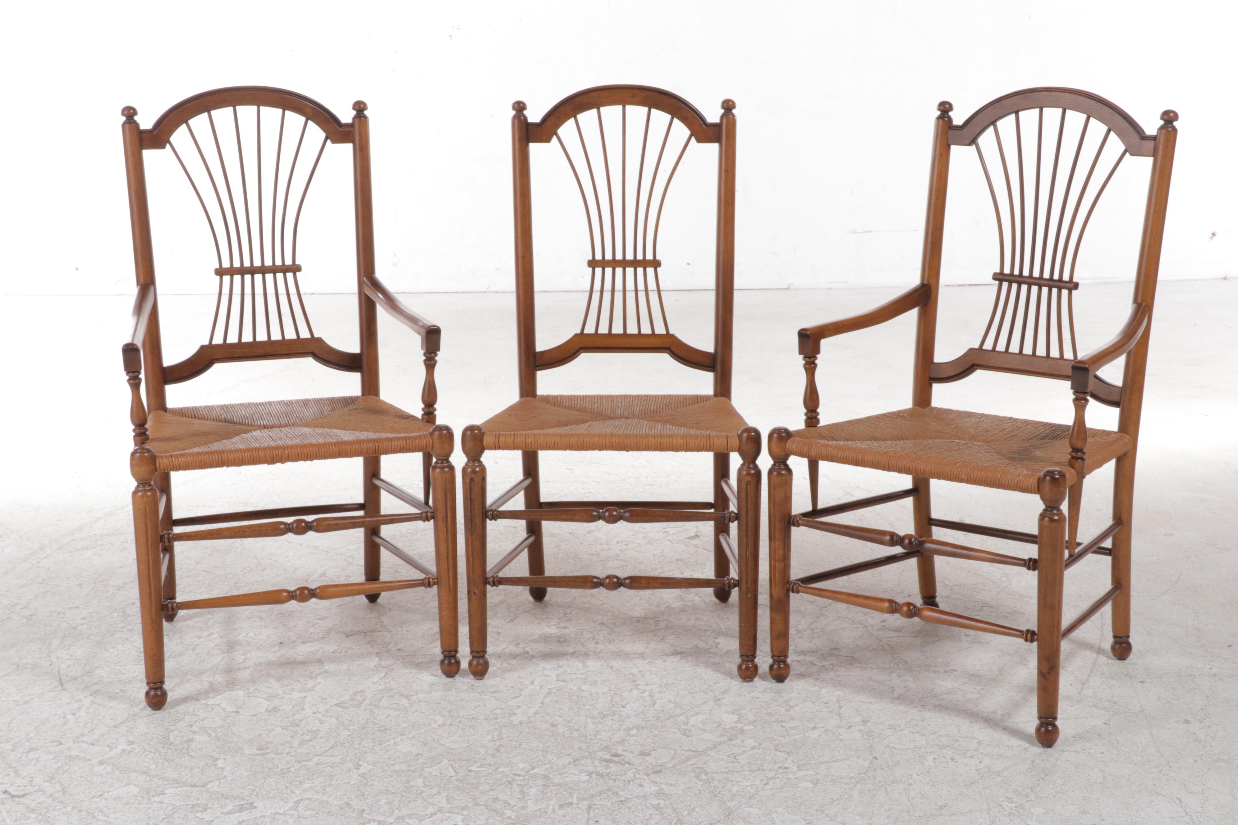 Eight Ethan Allen "Country French Collection" Wheat-Back Rush Seat Dining Chairs
