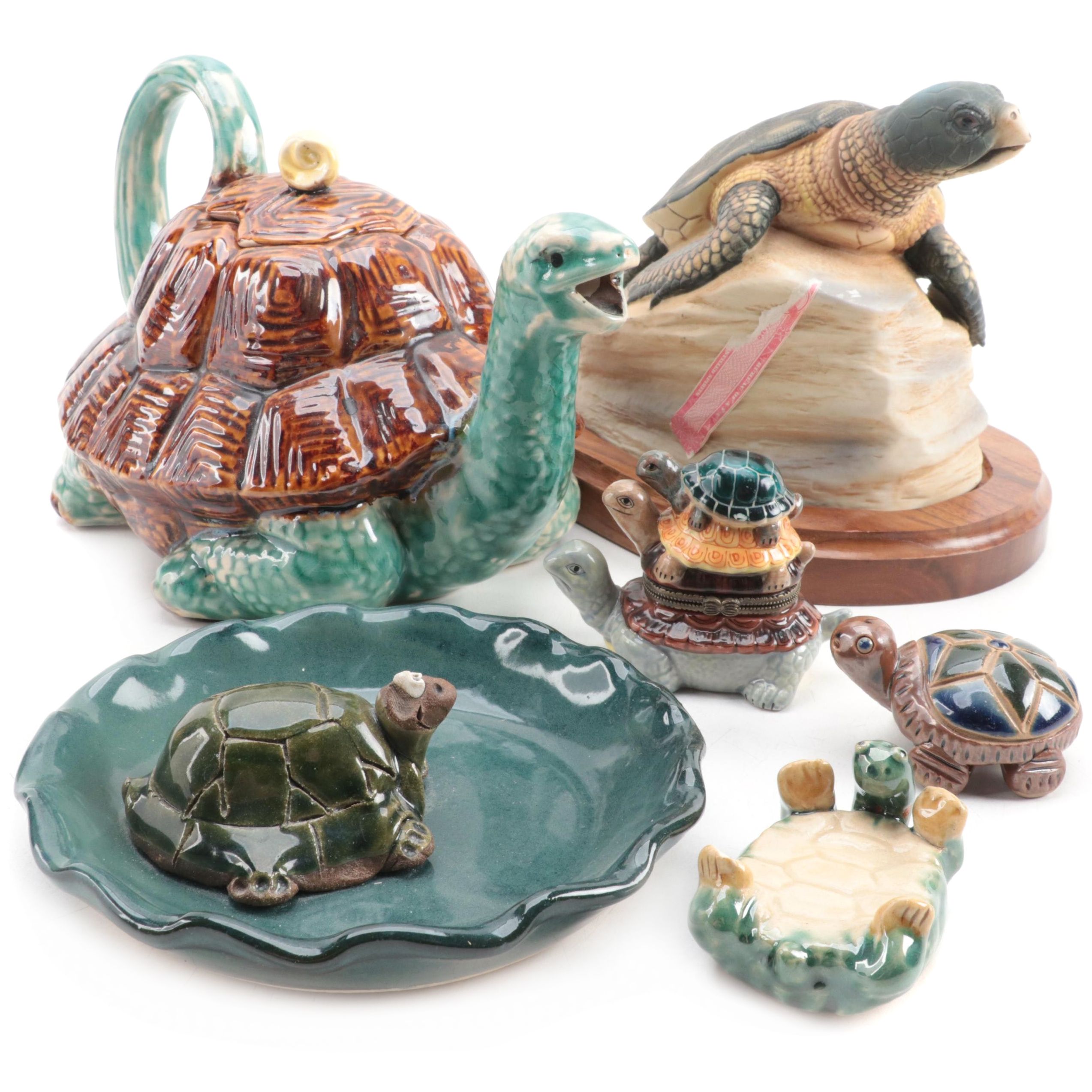 English Style Majolica Tortoise Teapot with Other Turtle Figurines and Décor