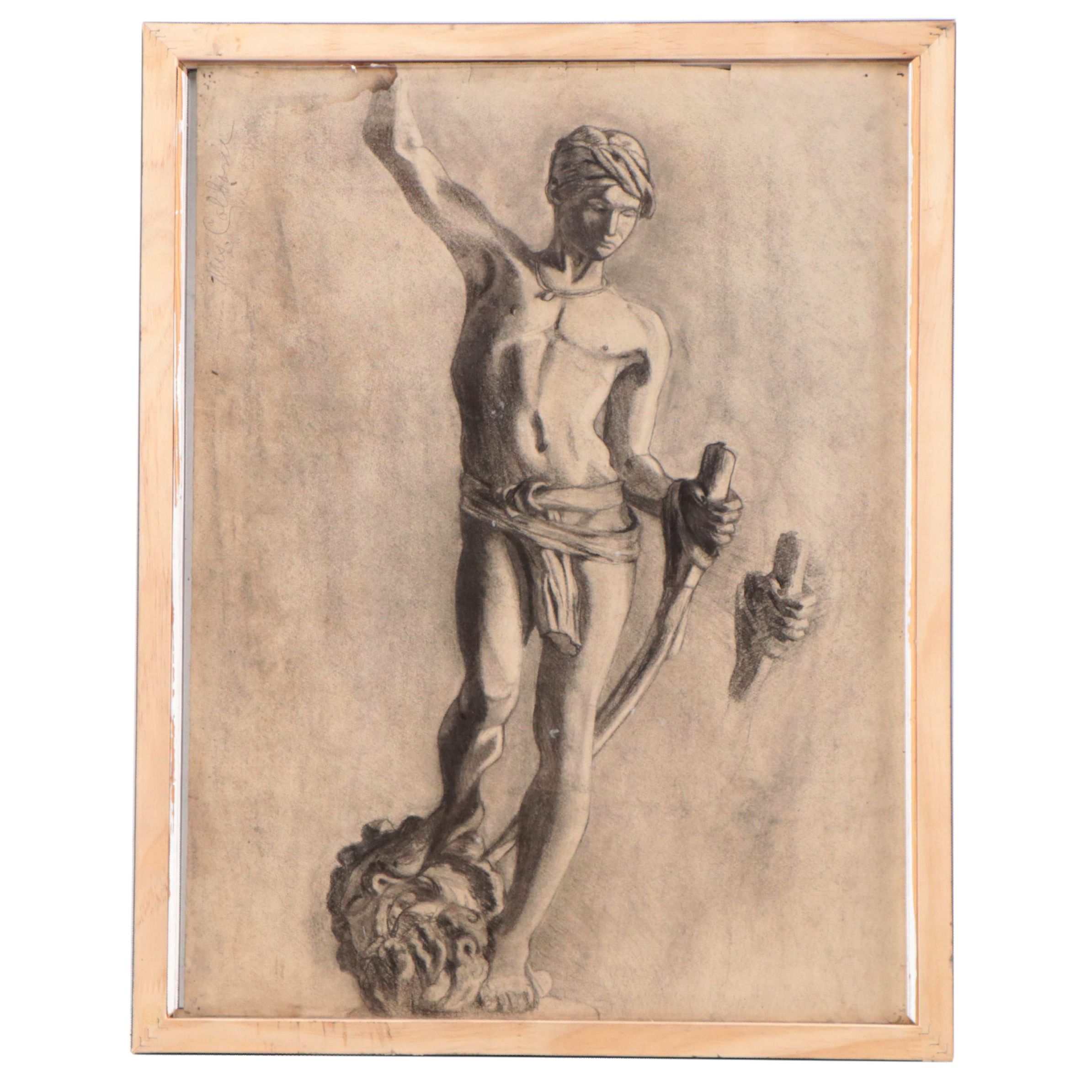 Double-Sided Charcoal Drawing of Statue and United States Capitol