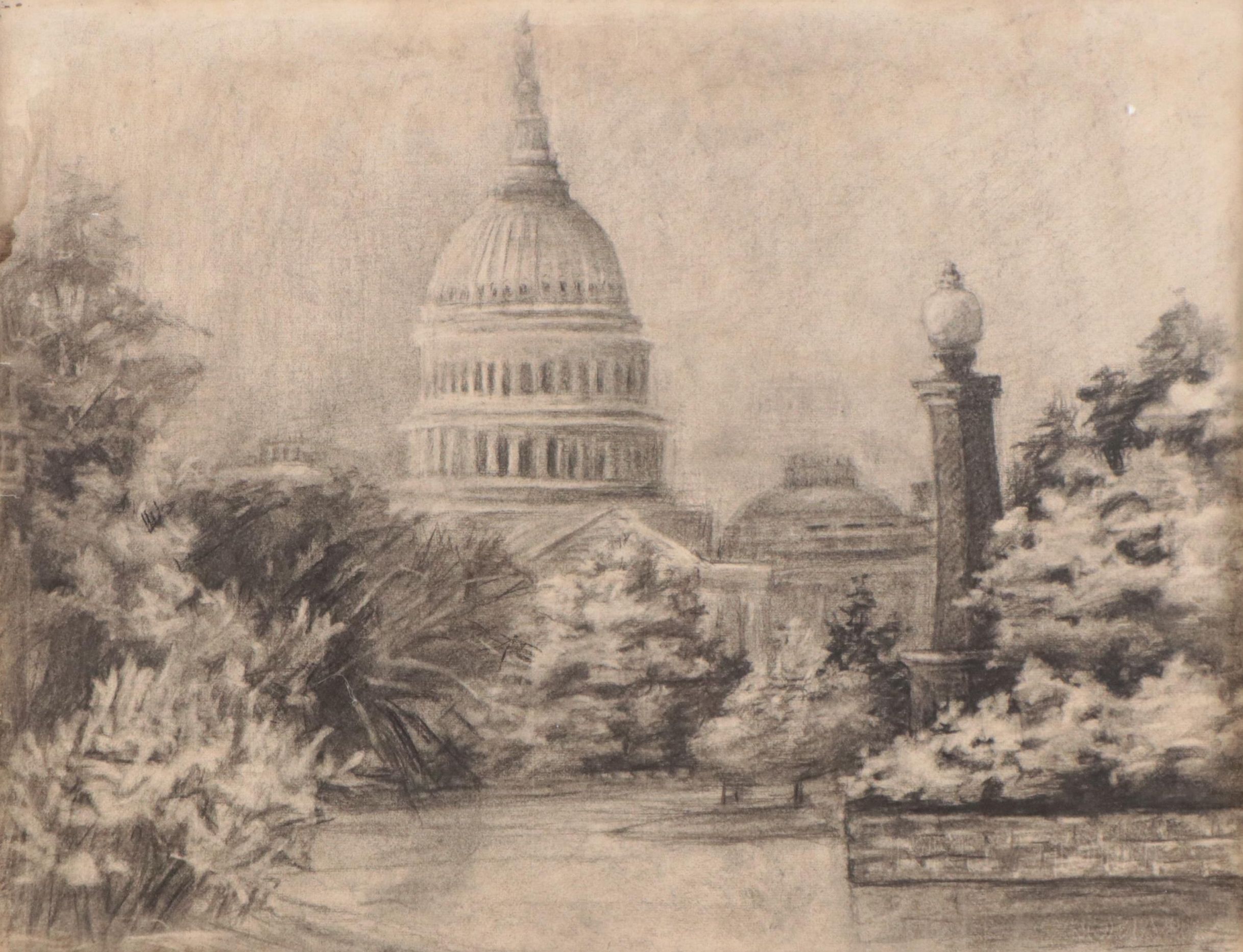 Double-Sided Charcoal Drawing of Statue and United States Capitol