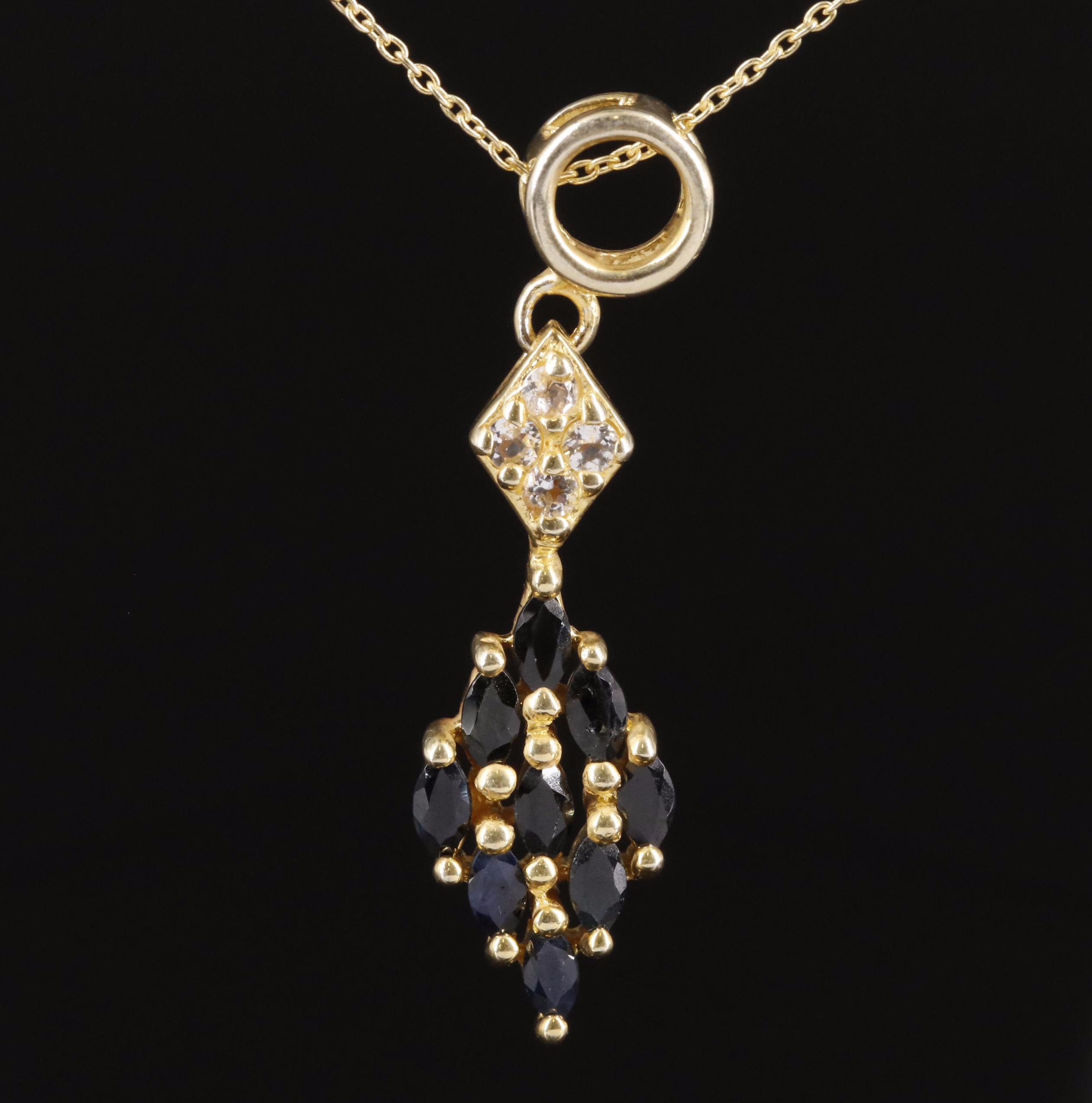 Sterling Sapphire and White Topaz Cluster Pendant Necklace