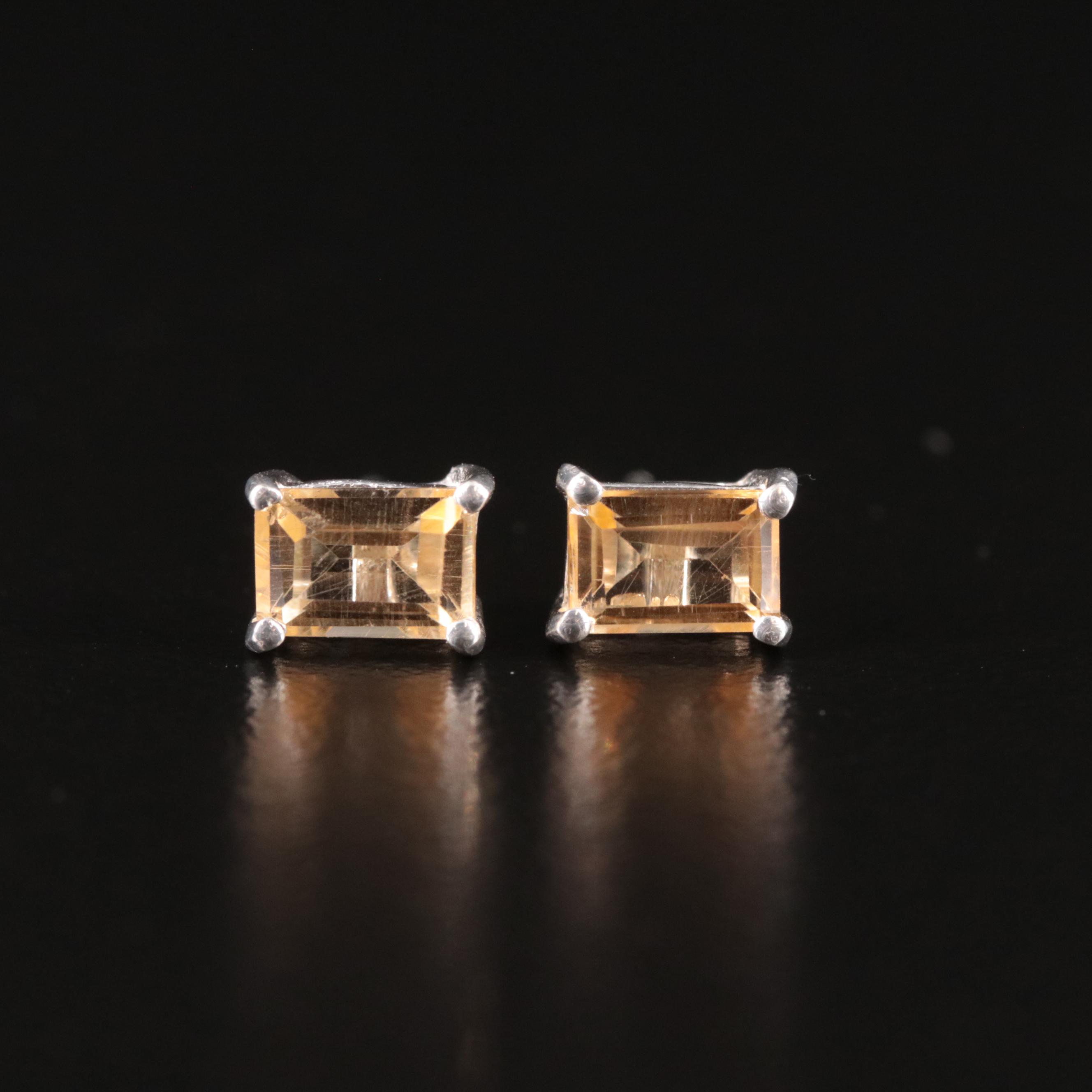 Sterling Citrine Rectangular Stud Earrings