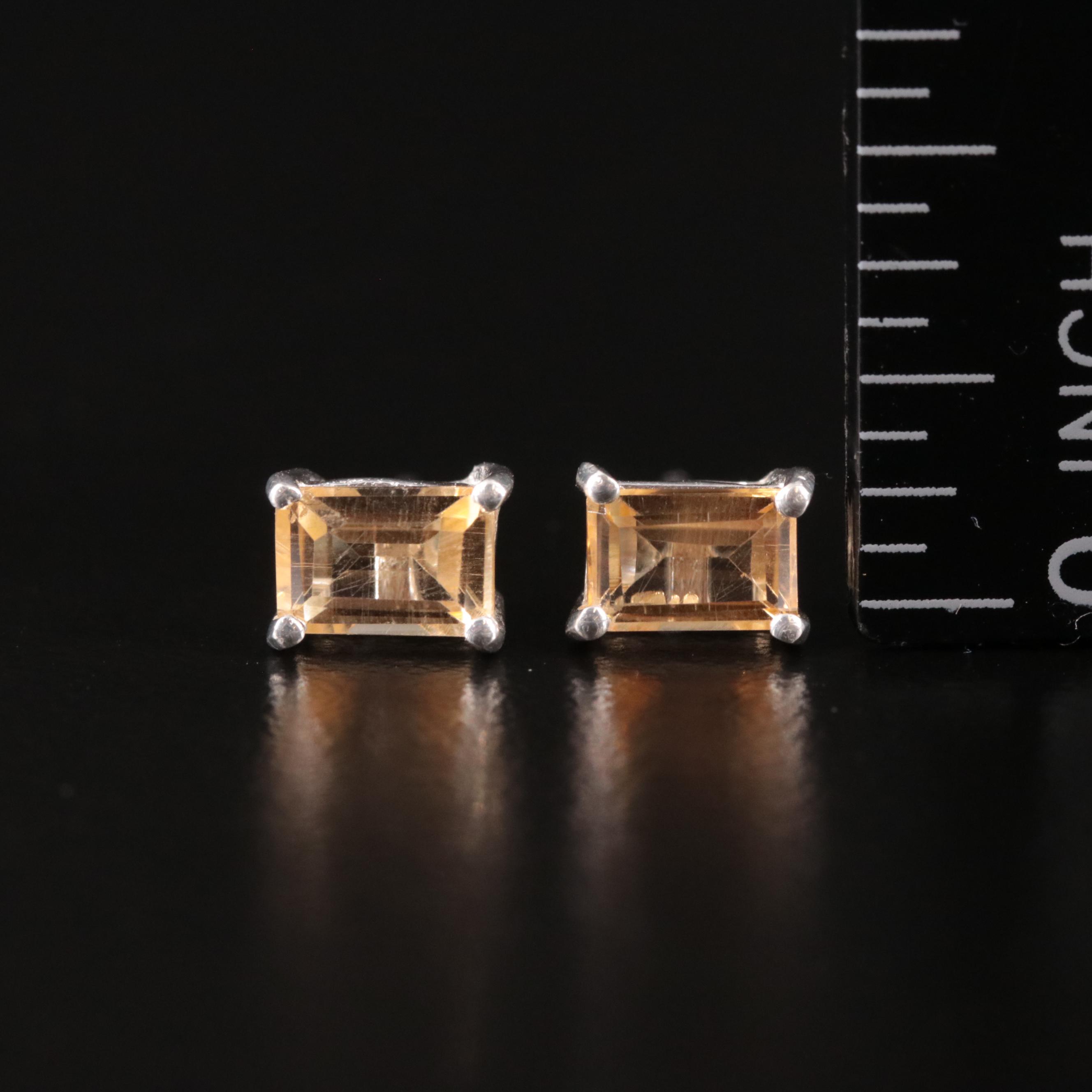 Sterling Citrine Rectangular Stud Earrings