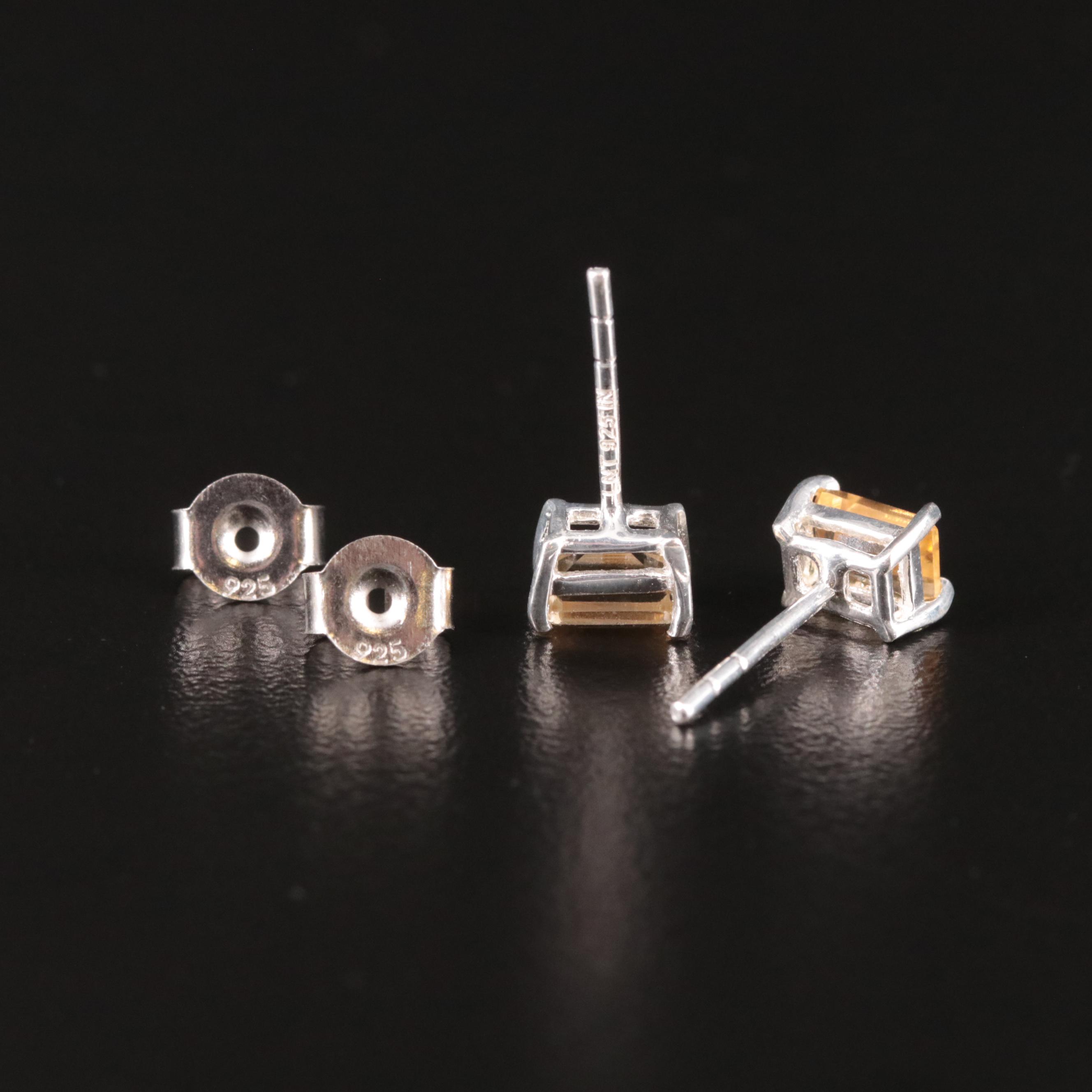 Sterling Citrine Rectangular Stud Earrings