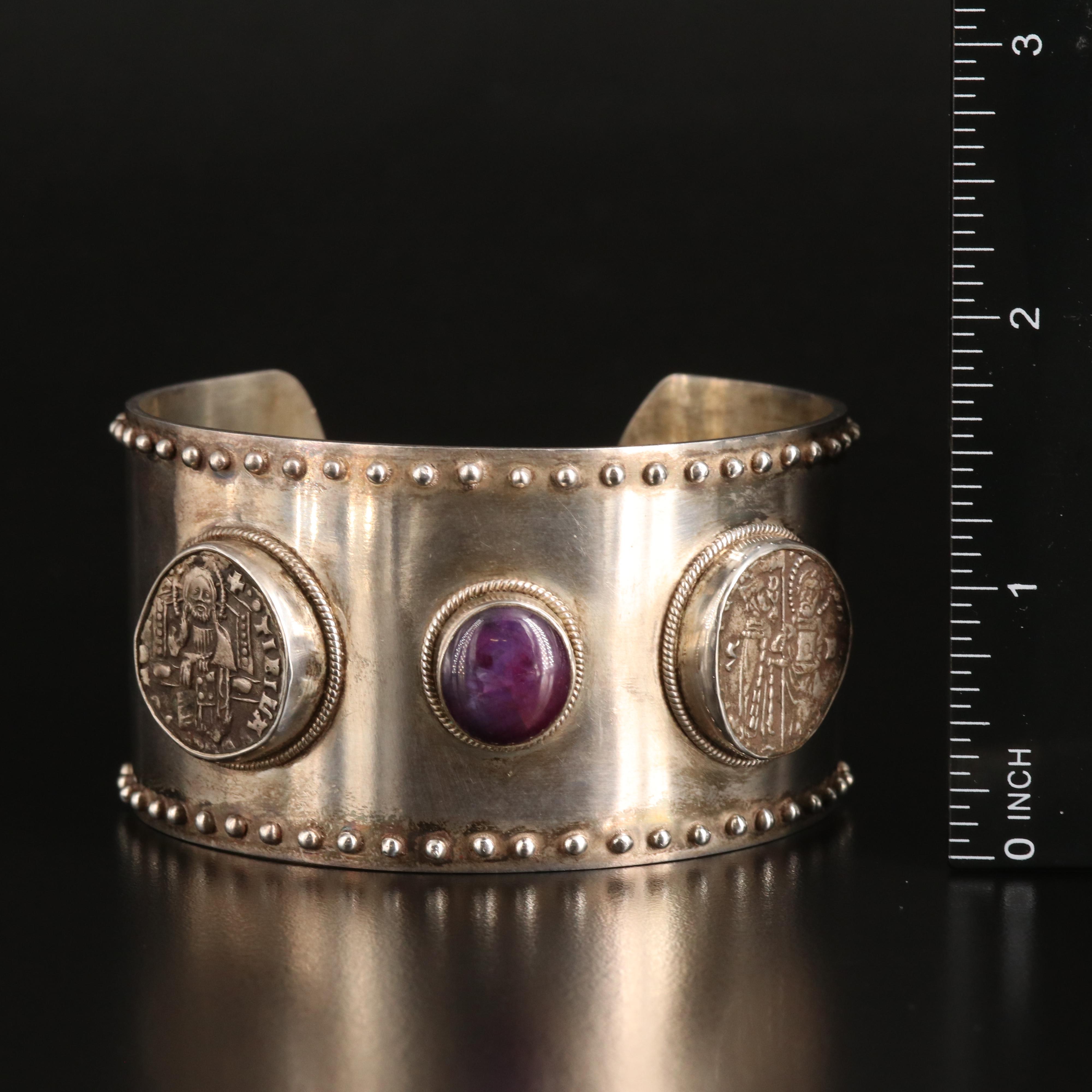 Sterling Sapphire and Carnelian Cuff with Reproduction Venetian Grosso Coin