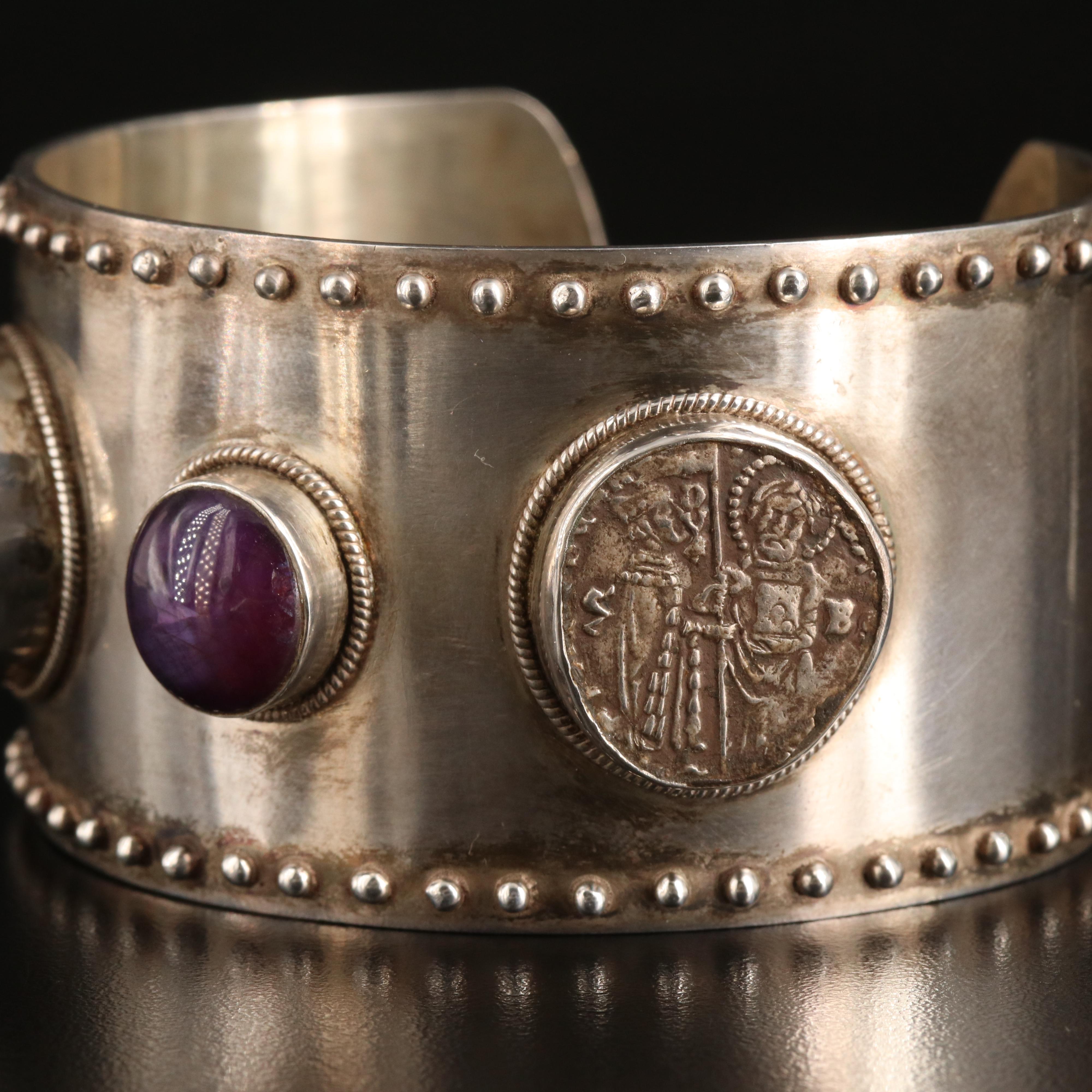 Sterling Sapphire and Carnelian Cuff with Reproduction Venetian Grosso Coin