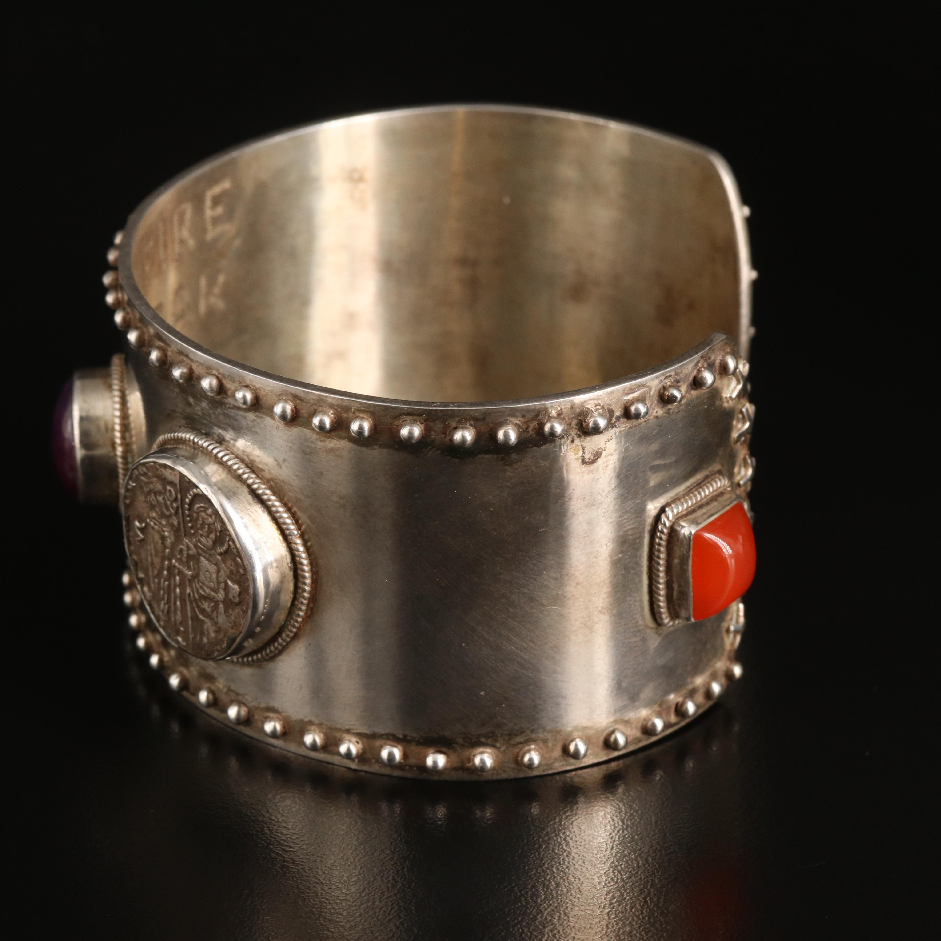 Sterling Sapphire and Carnelian Cuff with Reproduction Venetian Grosso Coin