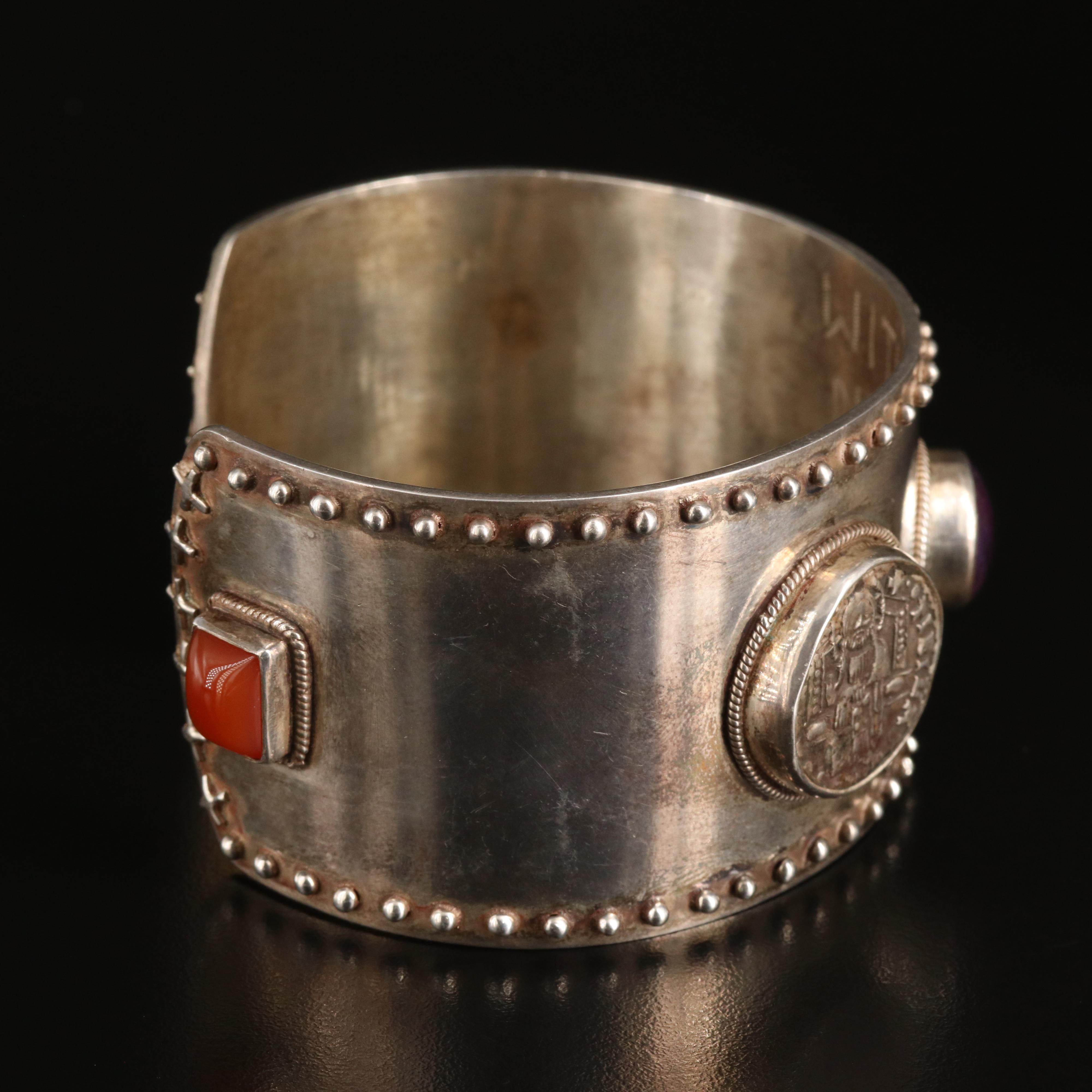 Sterling Sapphire and Carnelian Cuff with Reproduction Venetian Grosso Coin
