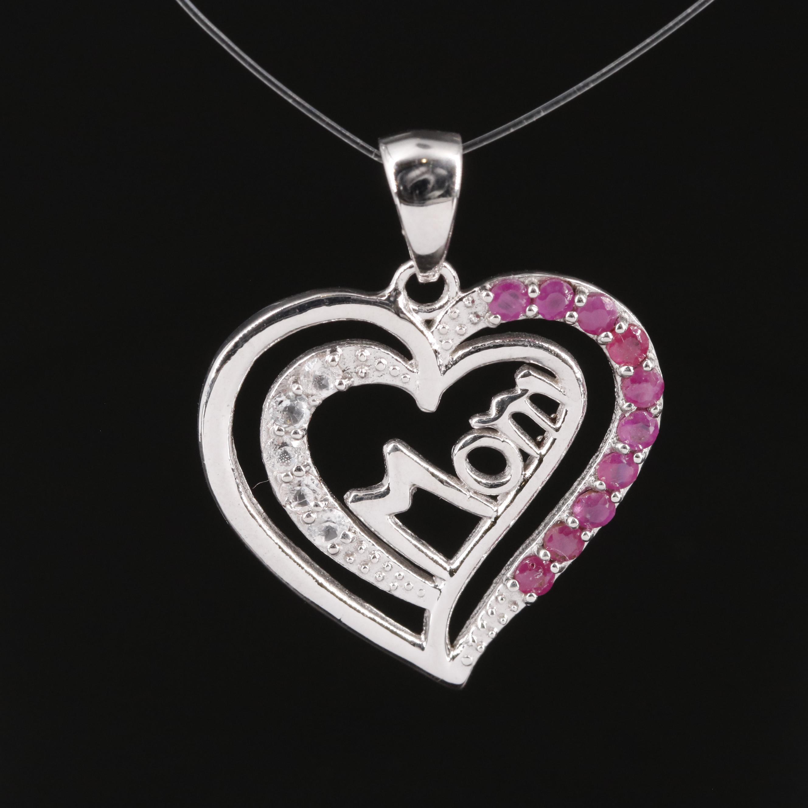 Sterling Ruby and Topaz "Mom" Heart Pendant