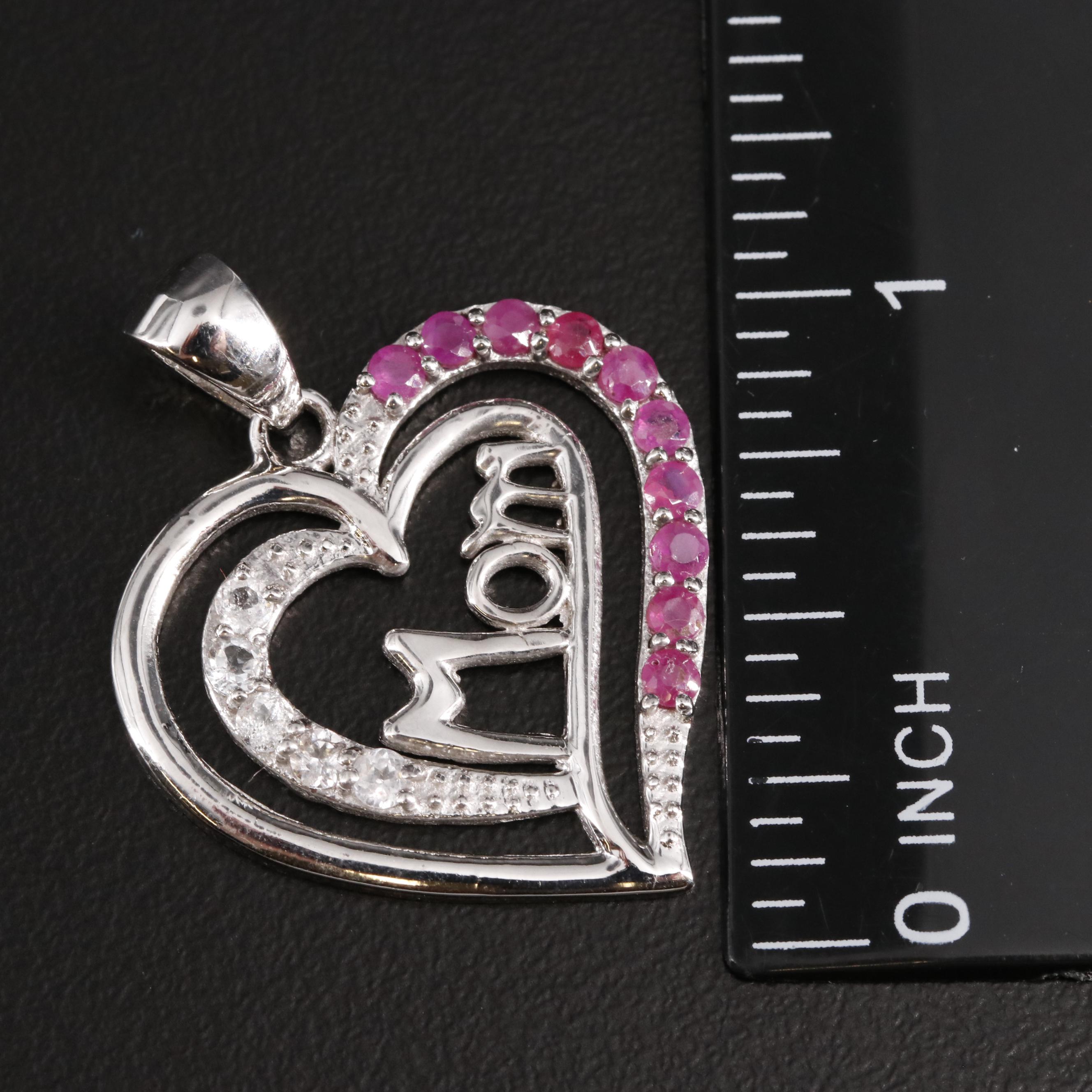 Sterling Ruby and Topaz "Mom" Heart Pendant