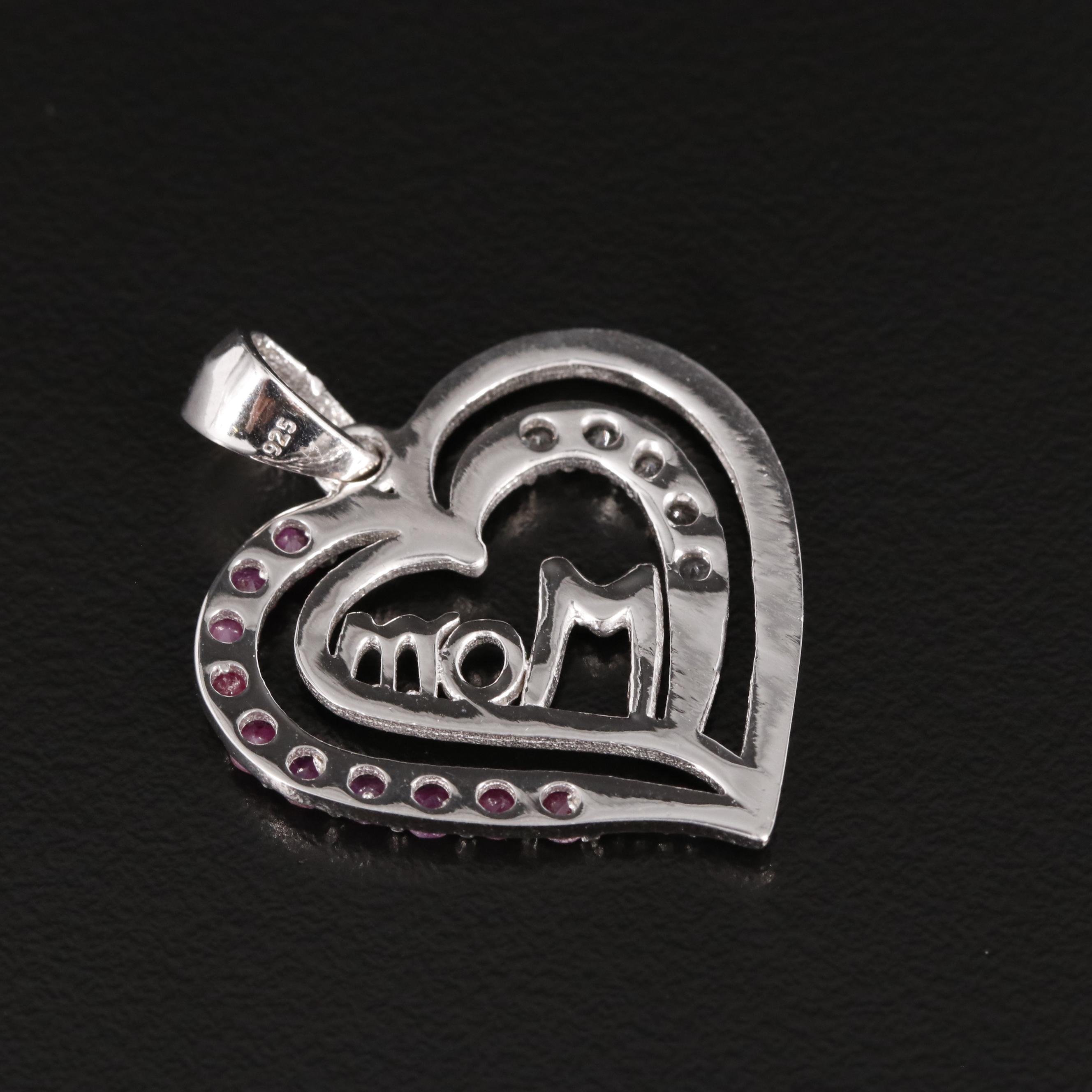 Sterling Ruby and Topaz "Mom" Heart Pendant