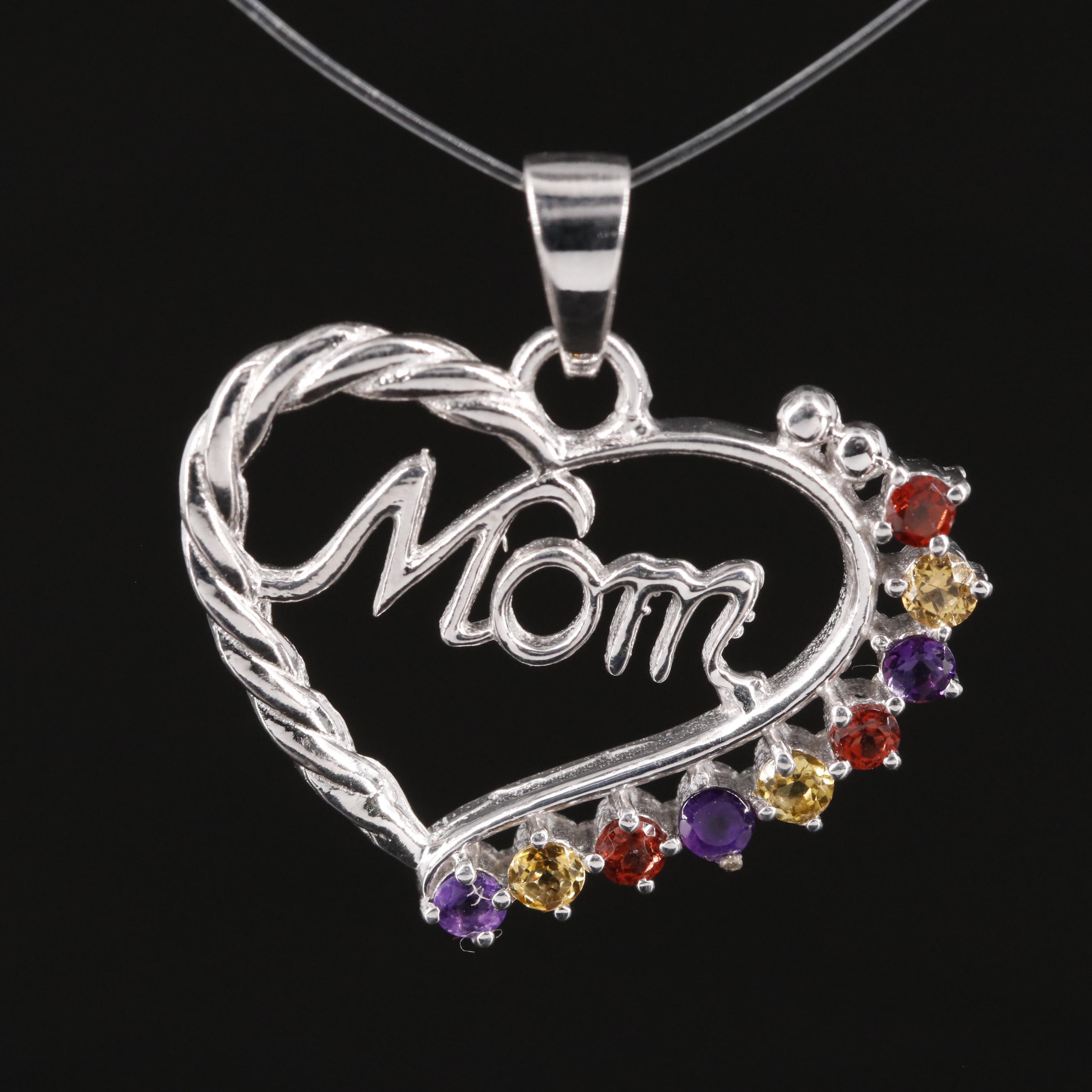Sterling Amethyst, Citrine, and Garnet "Mom" Heart Pendant