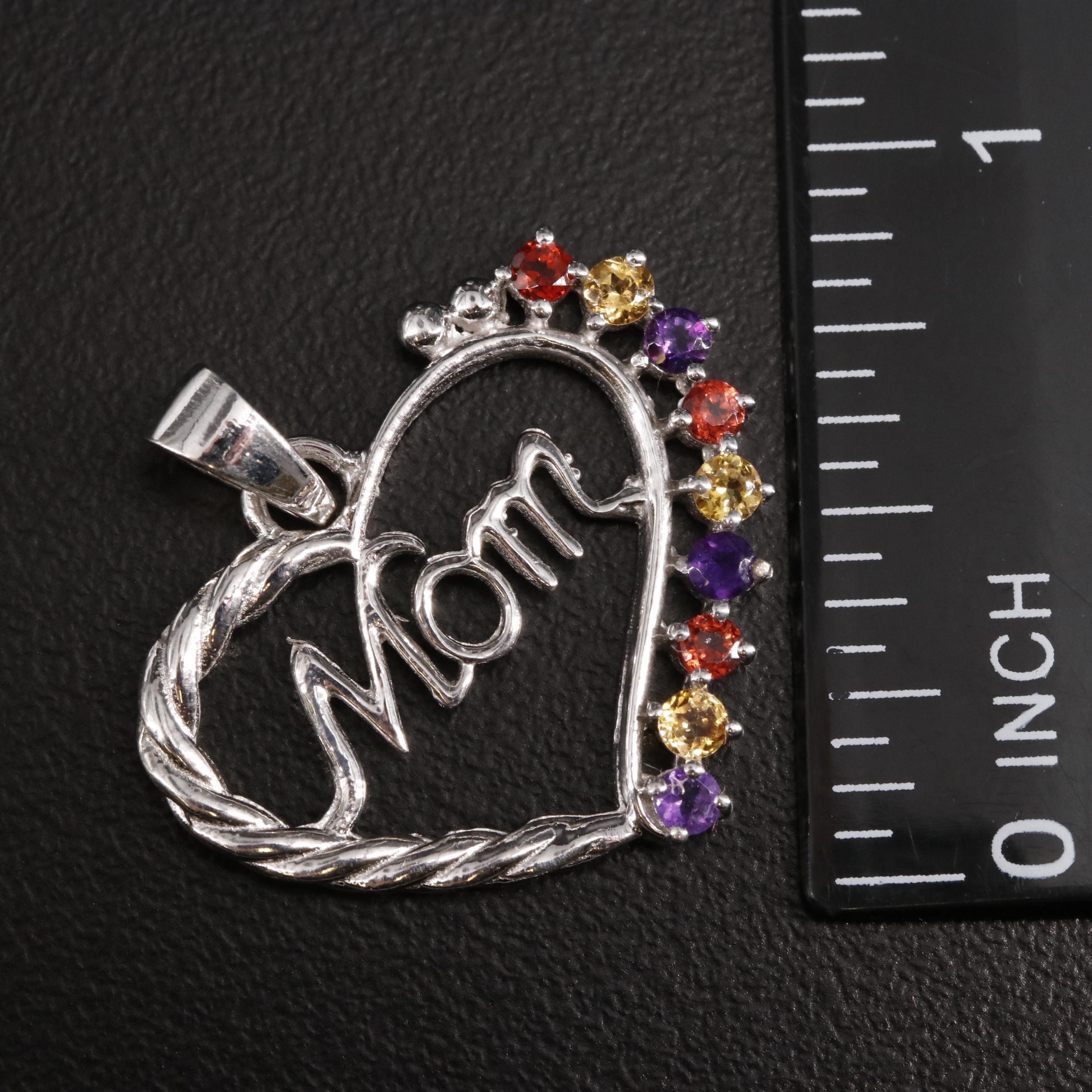 Sterling Amethyst, Citrine, and Garnet "Mom" Heart Pendant