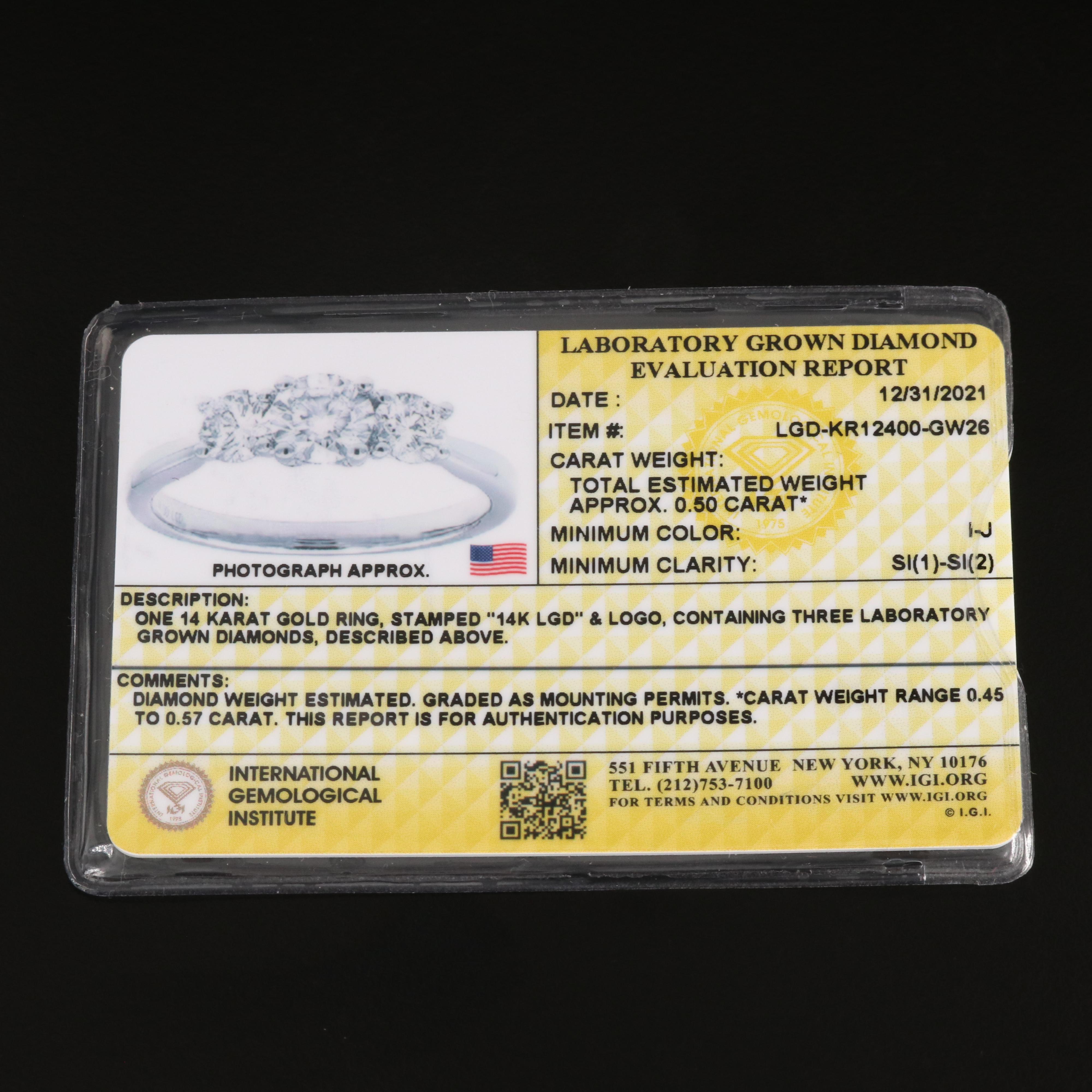 14K 0.50 CTW Lab Grown Diamond Three Stone Ring with IGI Report