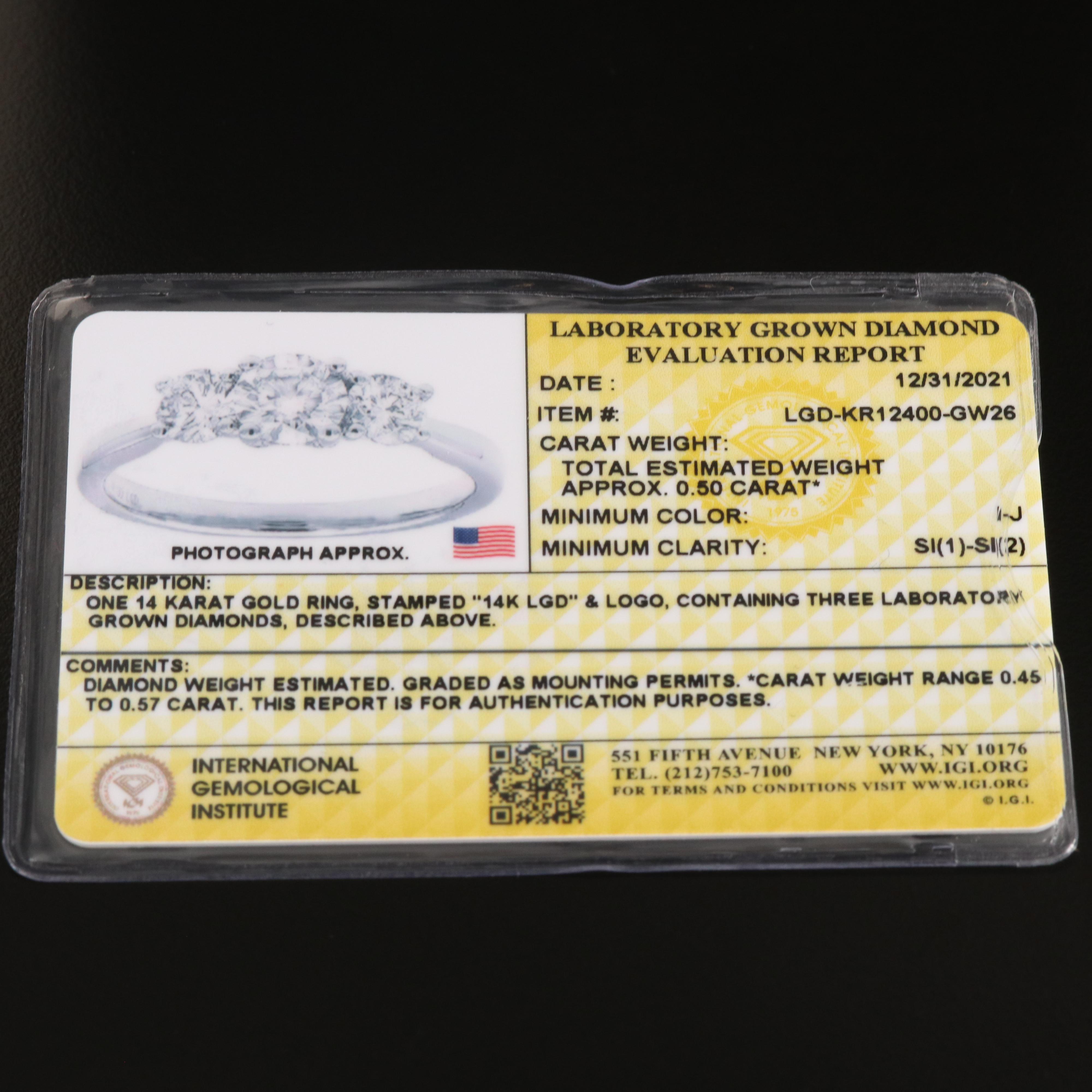 14K 0.52 CTW Lab Grown Diamond Three Stone Ring with IGI Report