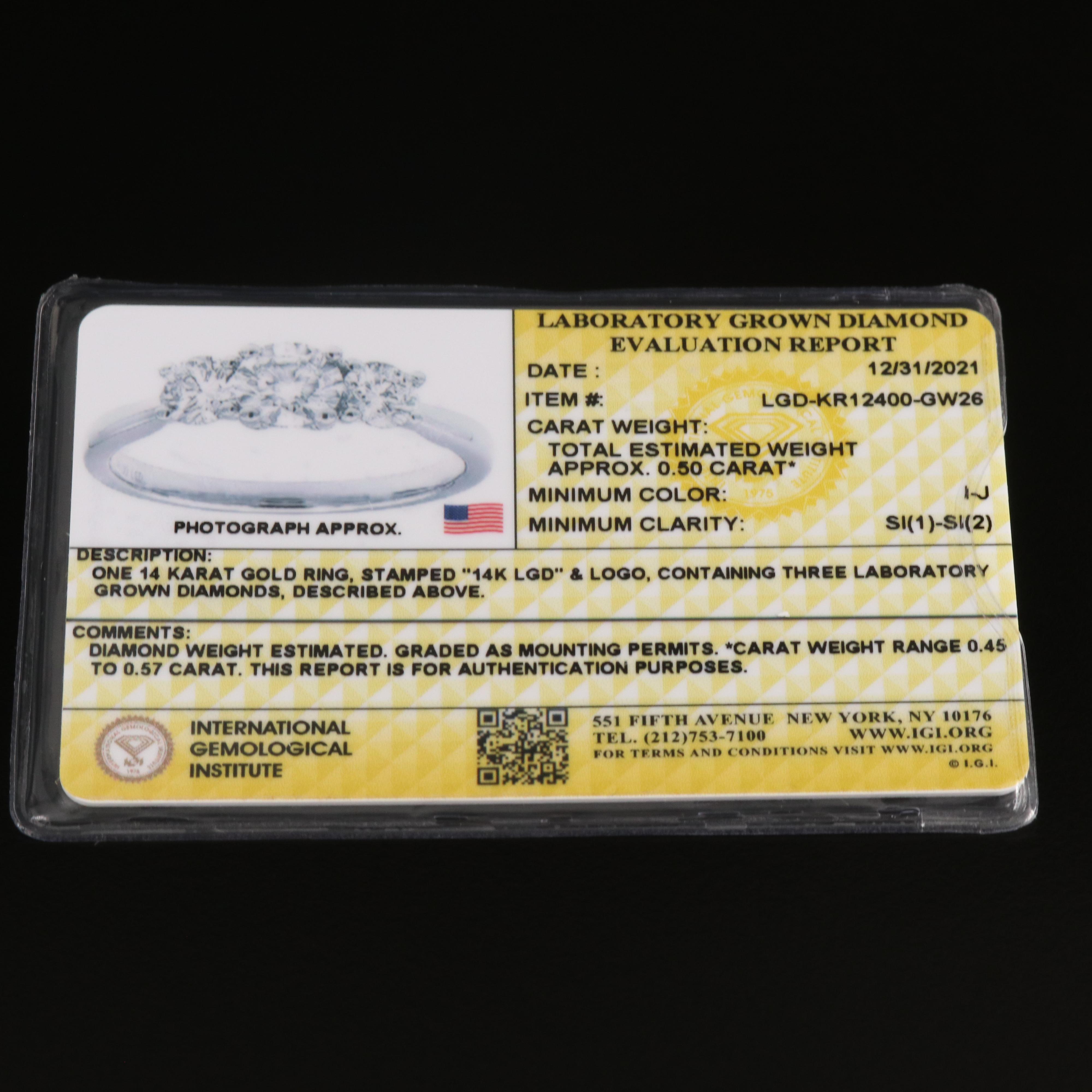 14K 0.50 CTW Lab Grown Diamond Ring with IGI Report