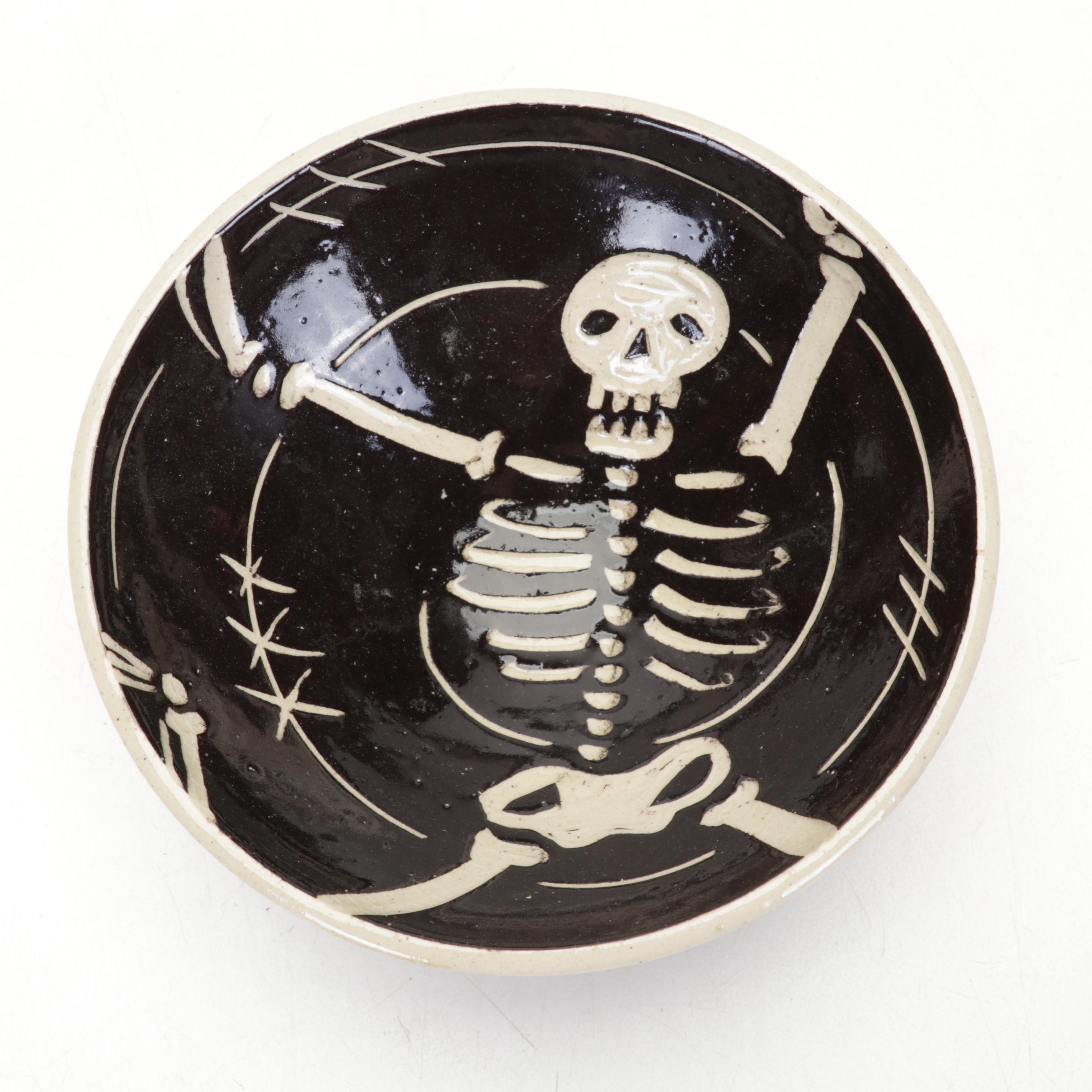 Rebecca Graves Stoneware Skeleton Bowl with Mixed Media Halloween Dolls