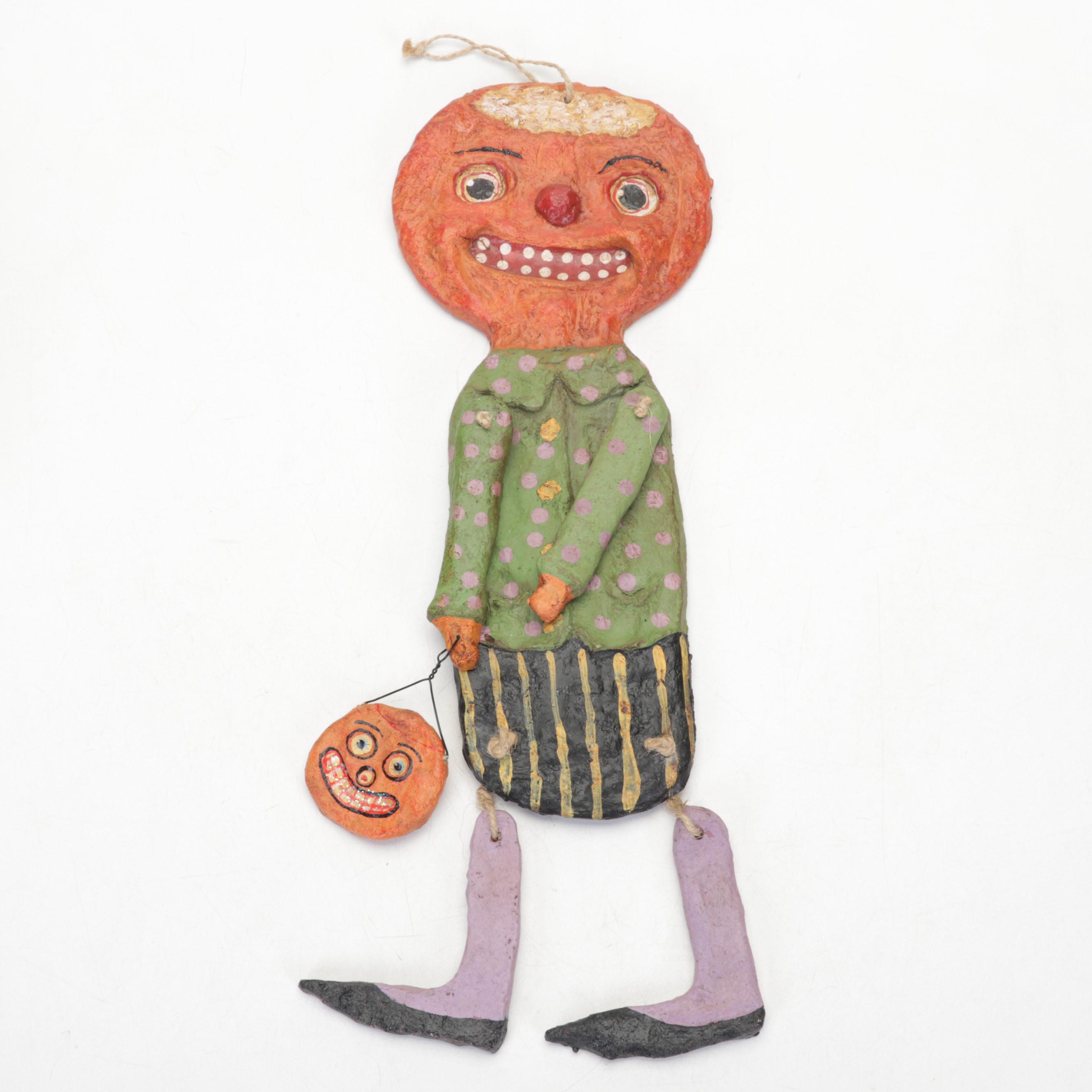 Rebecca Graves Stoneware Skeleton Bowl with Mixed Media Halloween Dolls