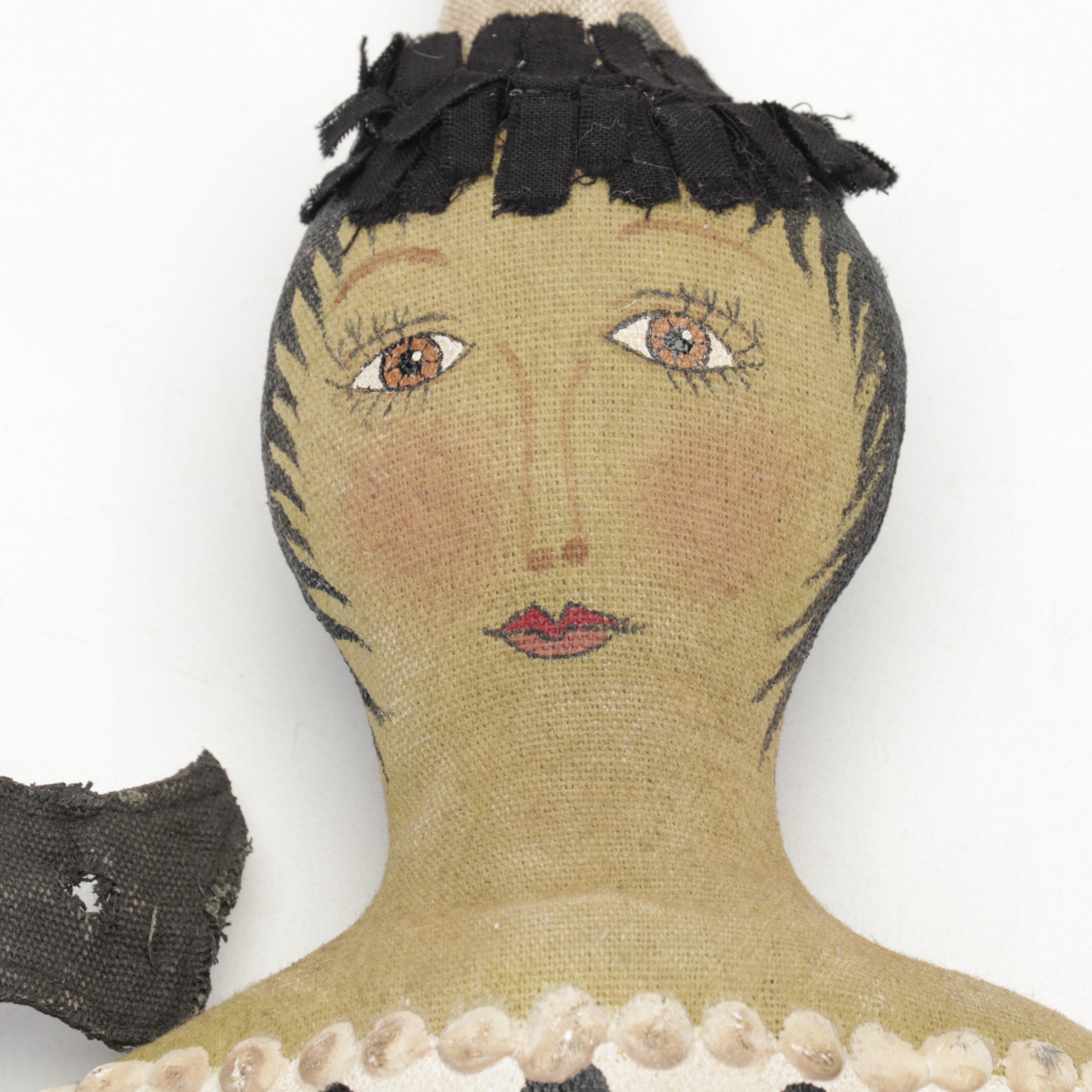 Rebecca Graves Stoneware Skeleton Bowl with Mixed Media Halloween Dolls