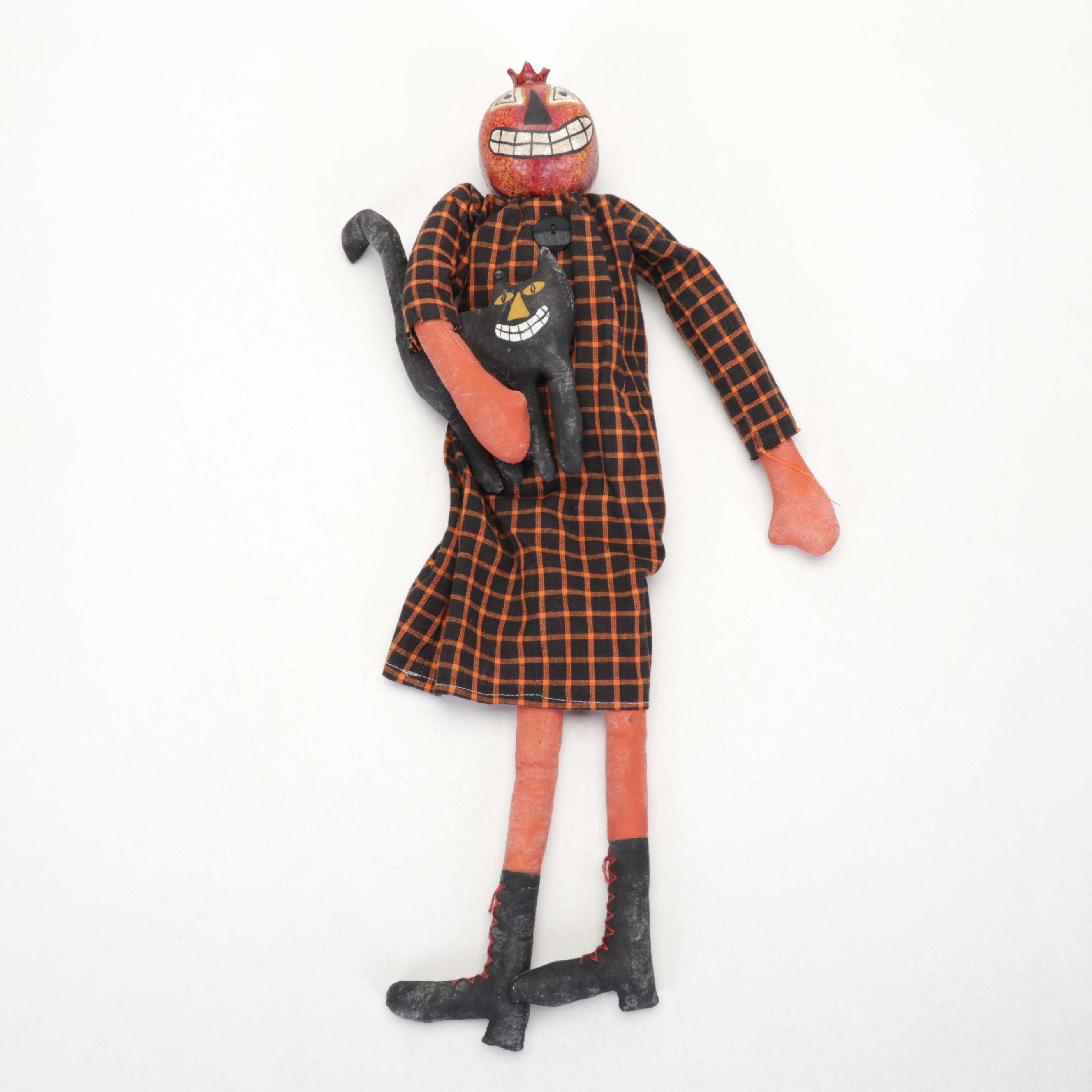 Rebecca Graves Stoneware Skeleton Bowl with Mixed Media Halloween Dolls