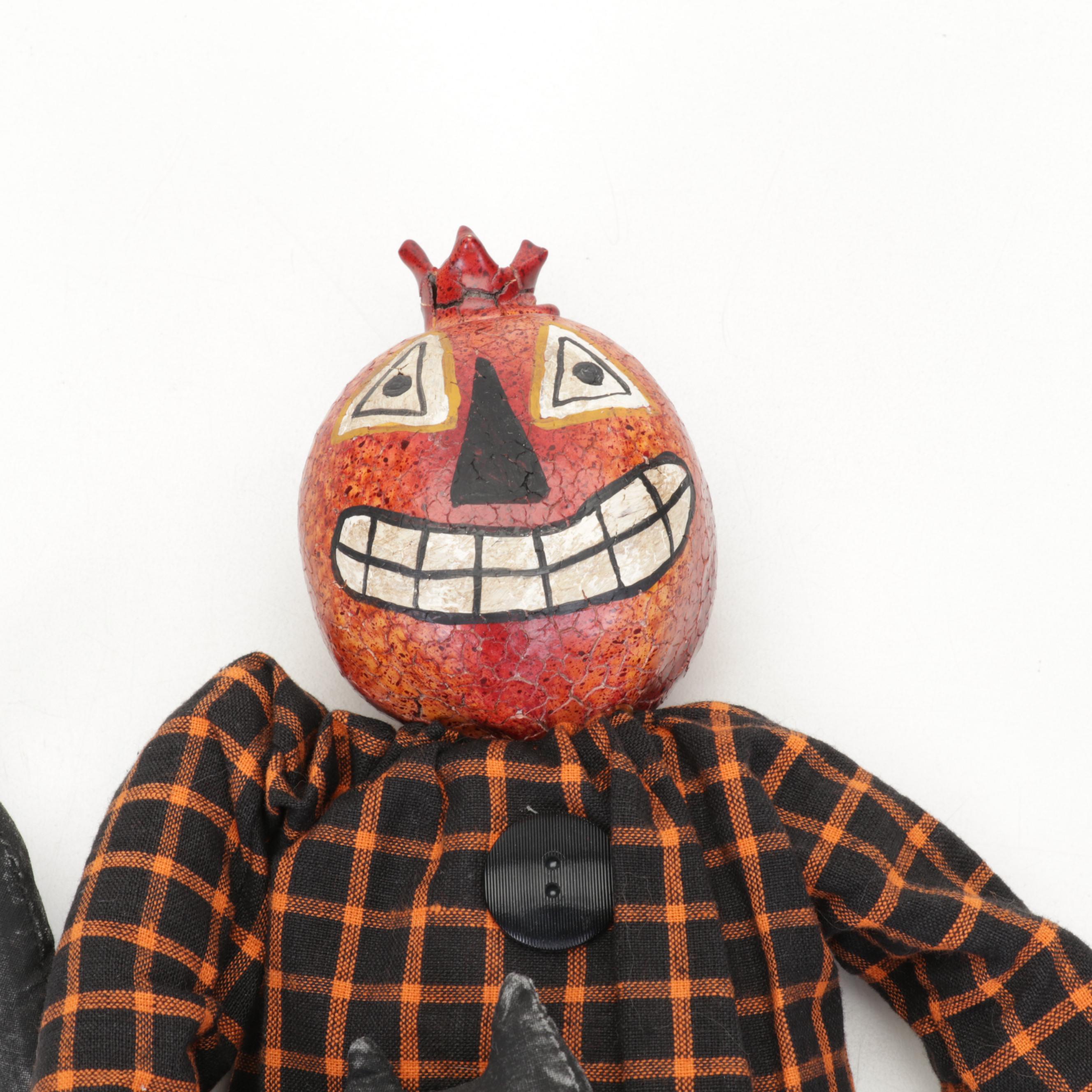 Rebecca Graves Stoneware Skeleton Bowl with Mixed Media Halloween Dolls