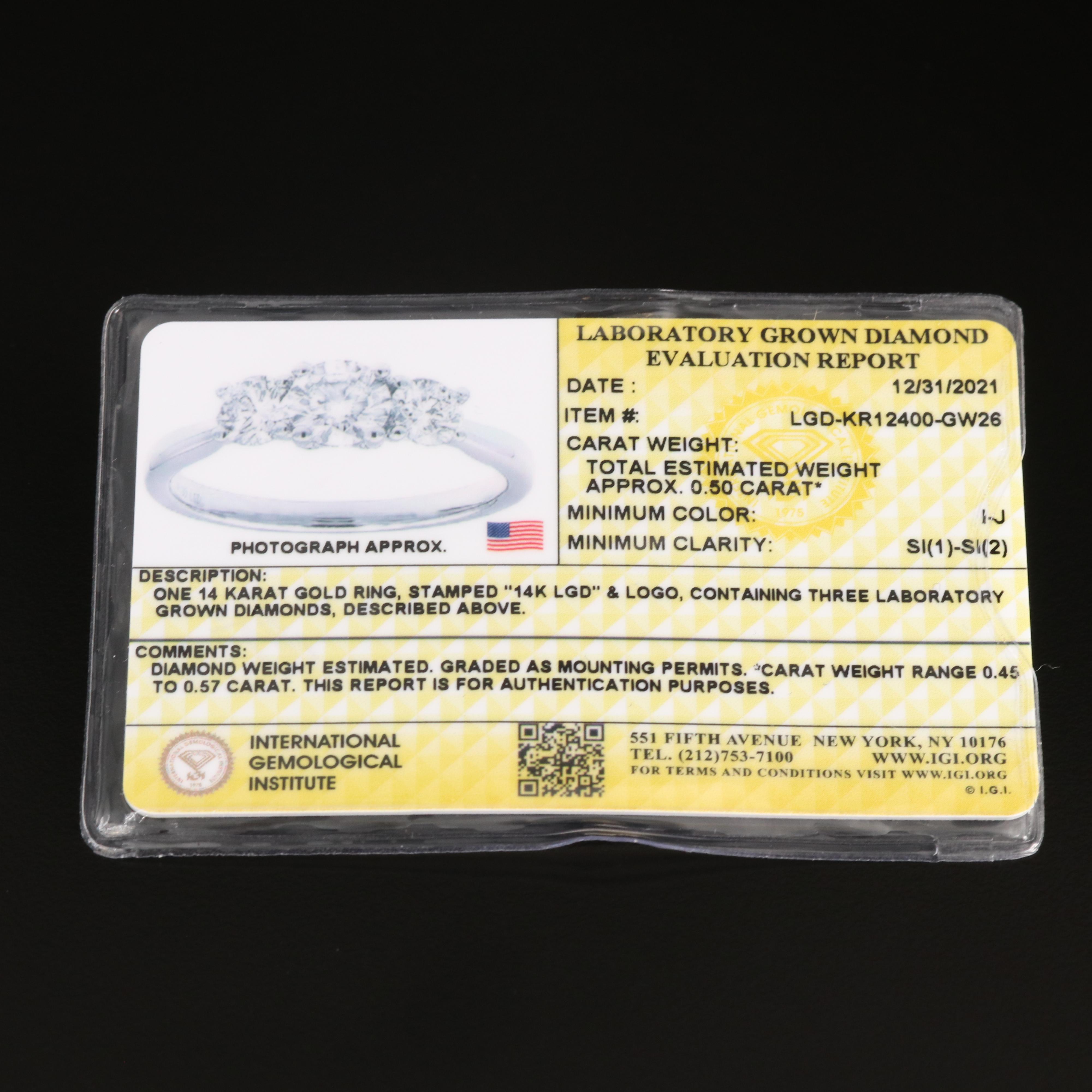 14K 0.50 CTW Lab Grown Diamond Three Stone Ring with IGI Report