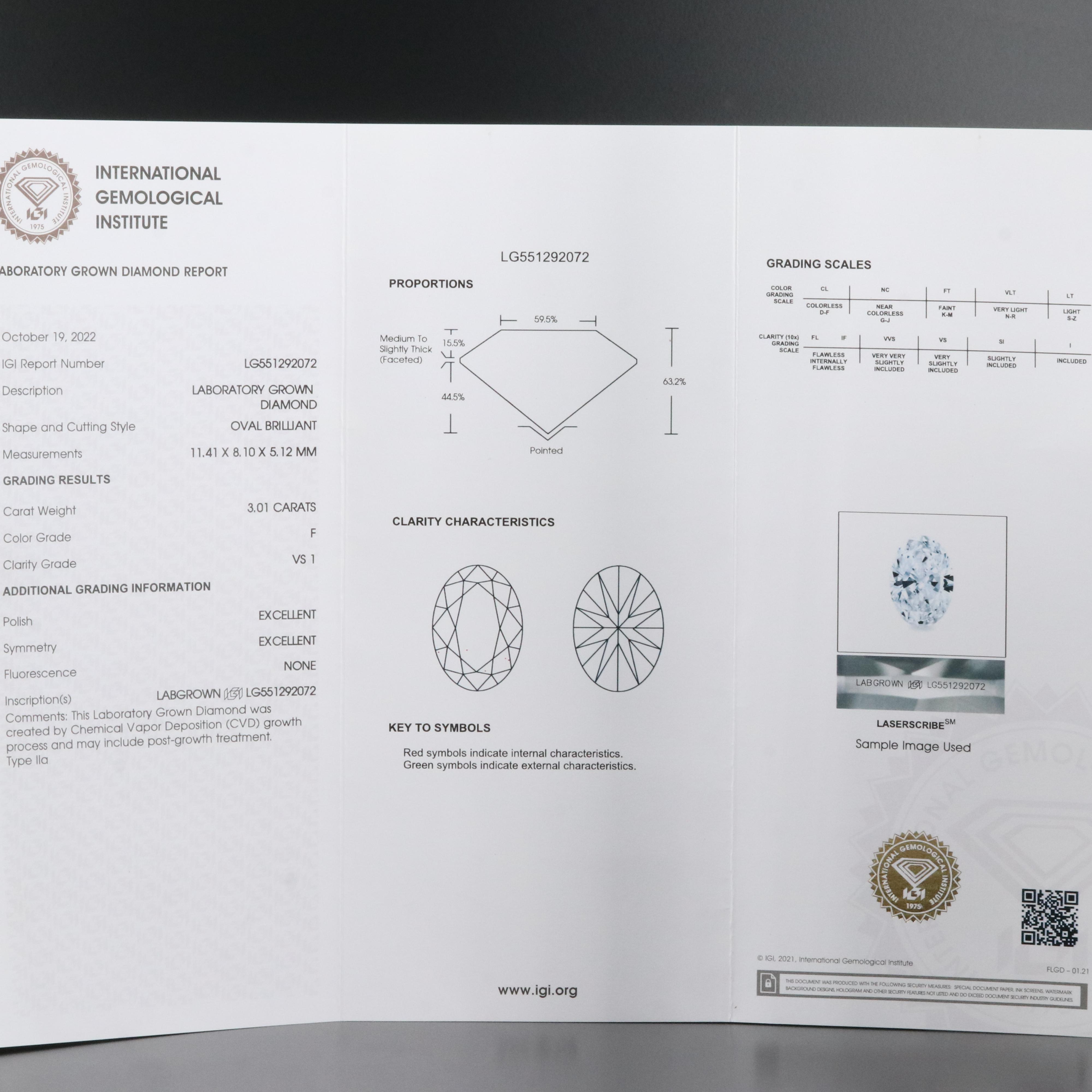 Loose 3.01 CT Lab Grown Diamond with IGI Report