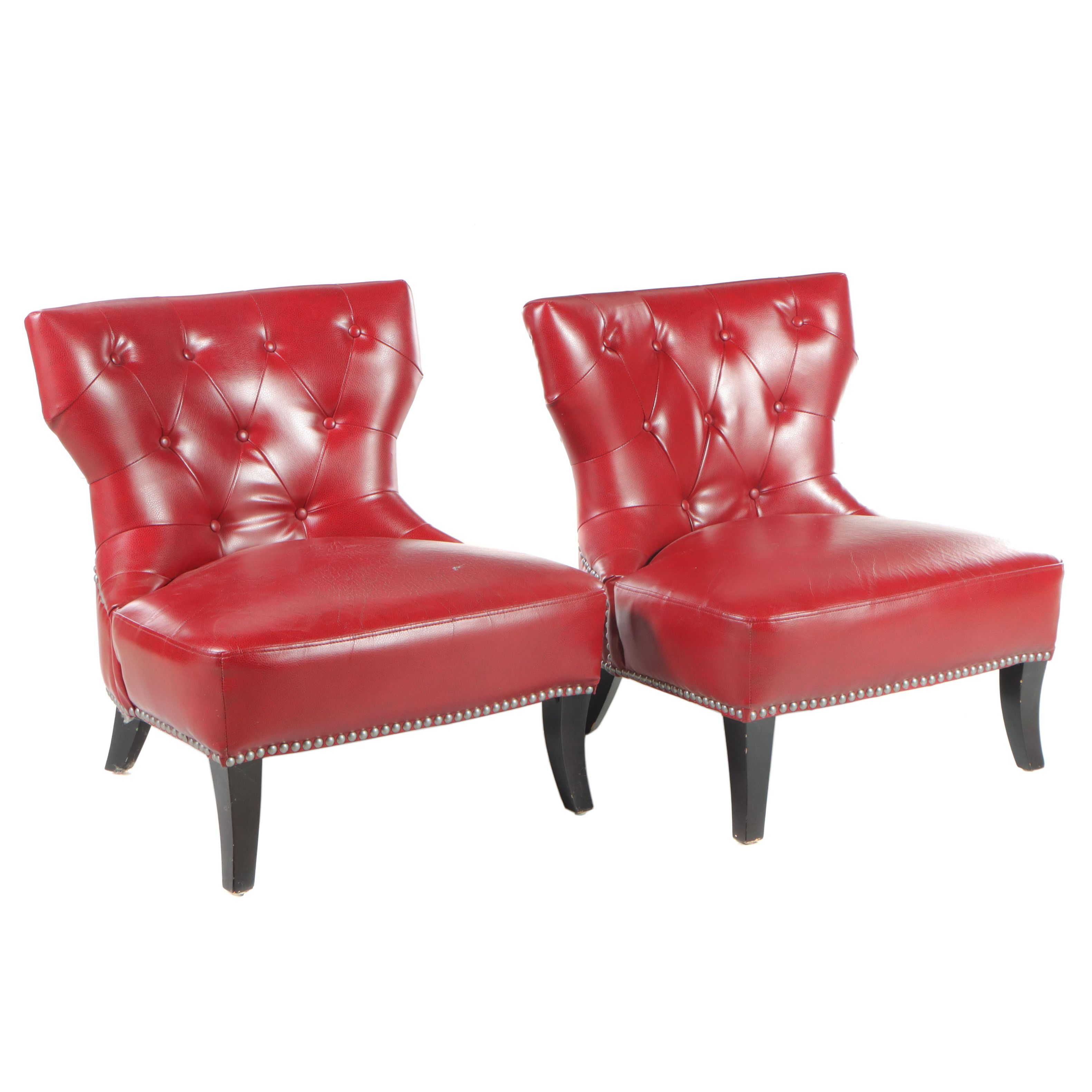 Pair of Bonded Leather and Buttoned-Down Slipper Chairs with Nailheads