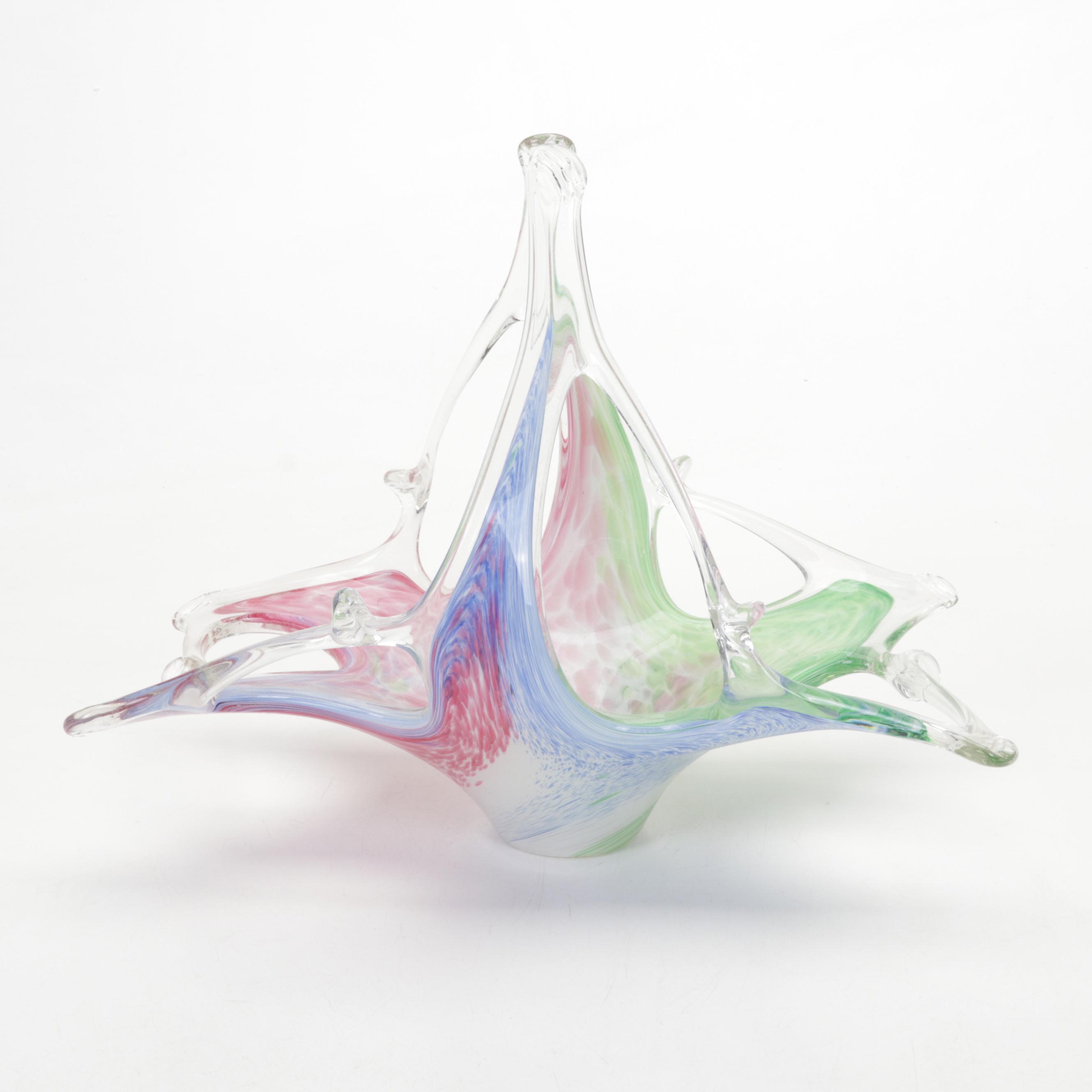 Murano Style Art Glass Centerpiece Basket with Caithness and Other Paperweights