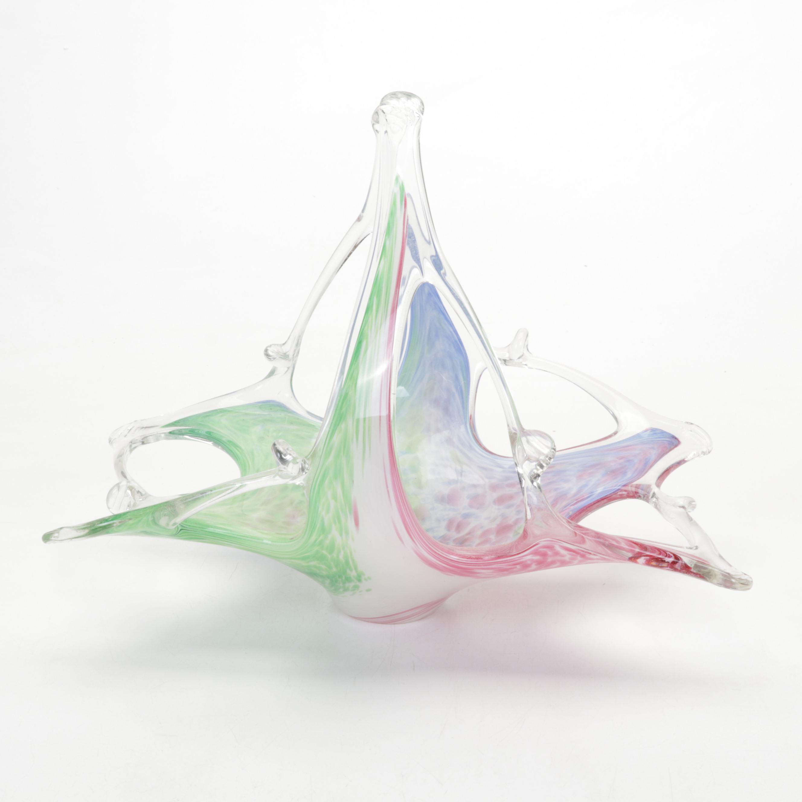 Murano Style Art Glass Centerpiece Basket with Caithness and Other Paperweights