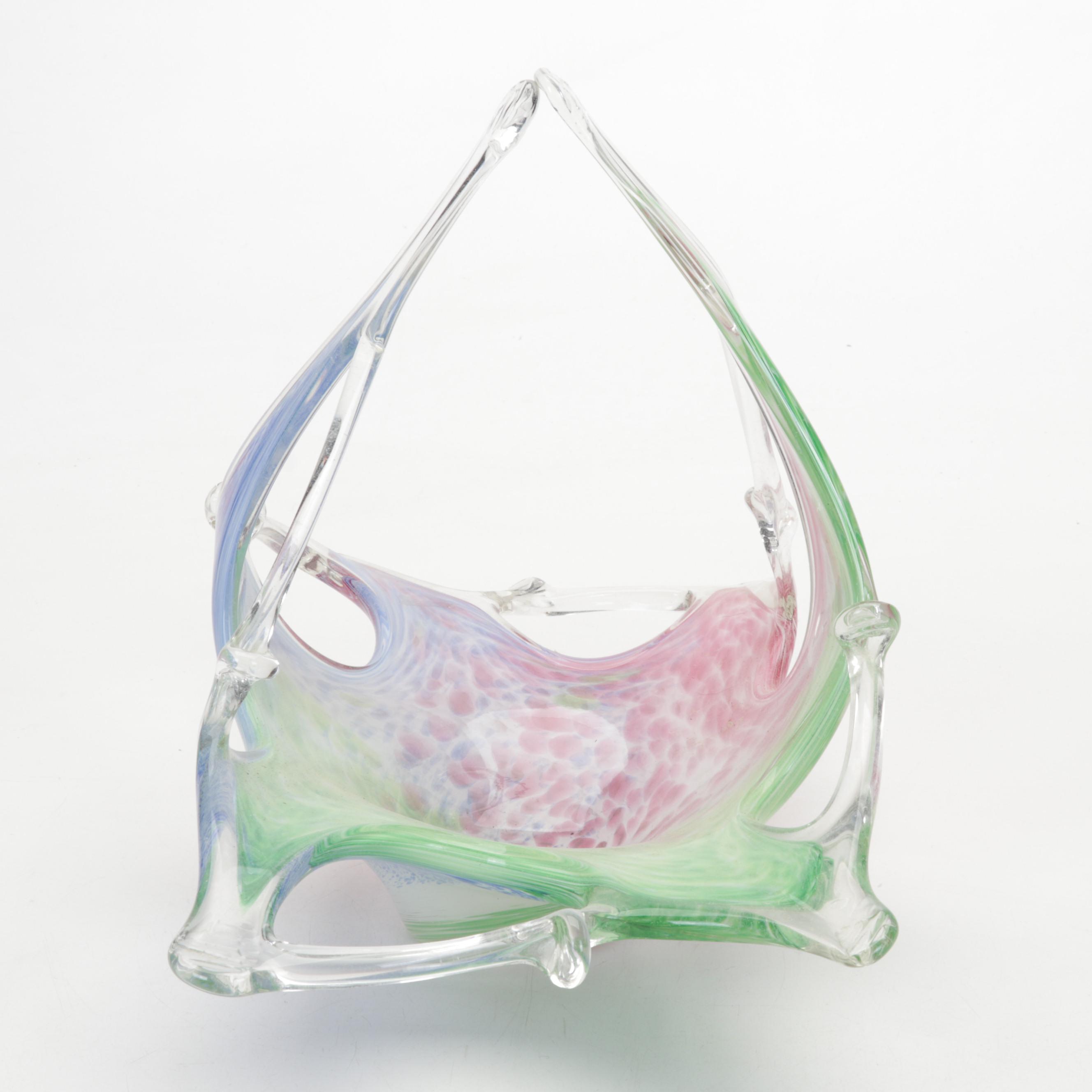 Murano Style Art Glass Centerpiece Basket with Caithness and Other Paperweights