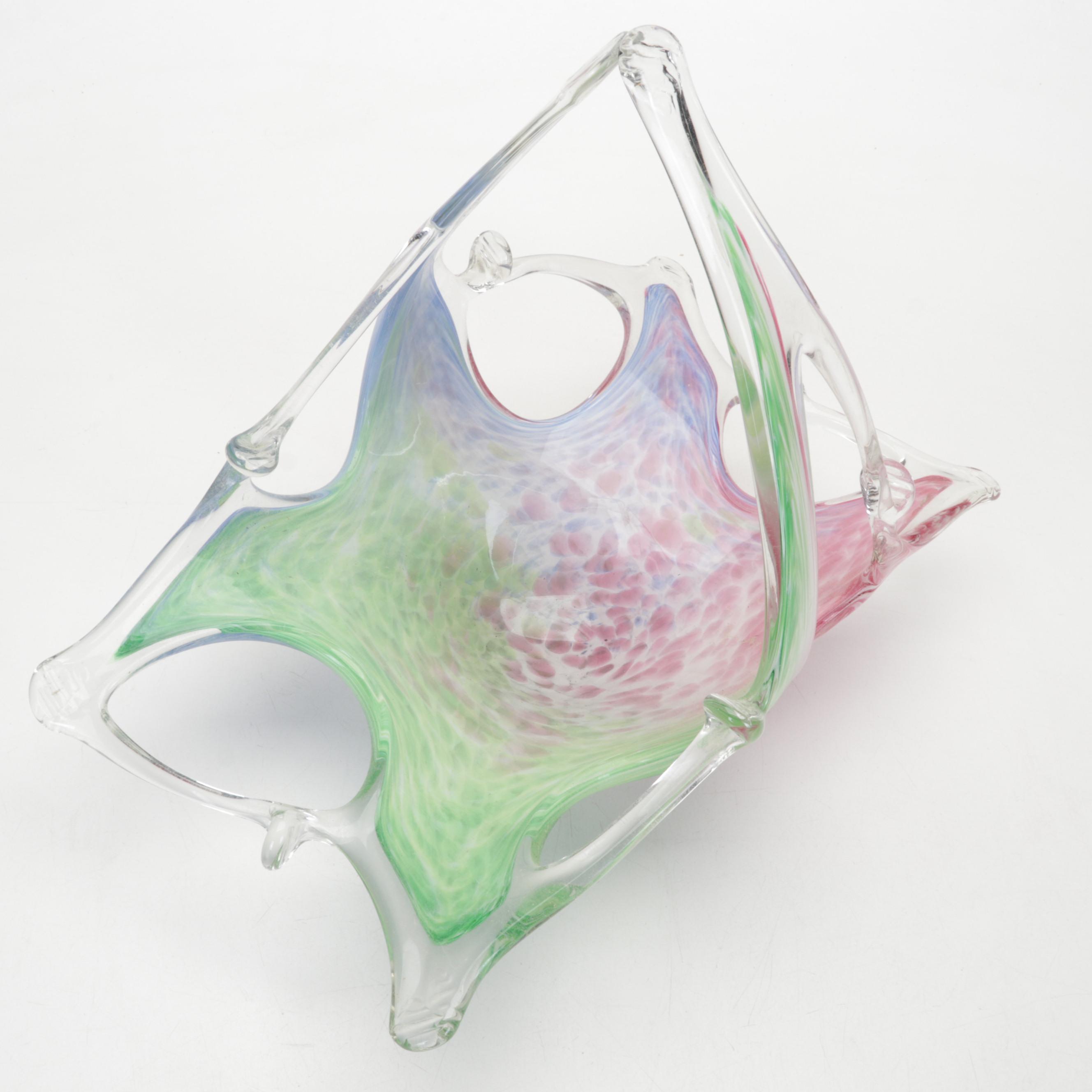 Murano Style Art Glass Centerpiece Basket with Caithness and Other Paperweights