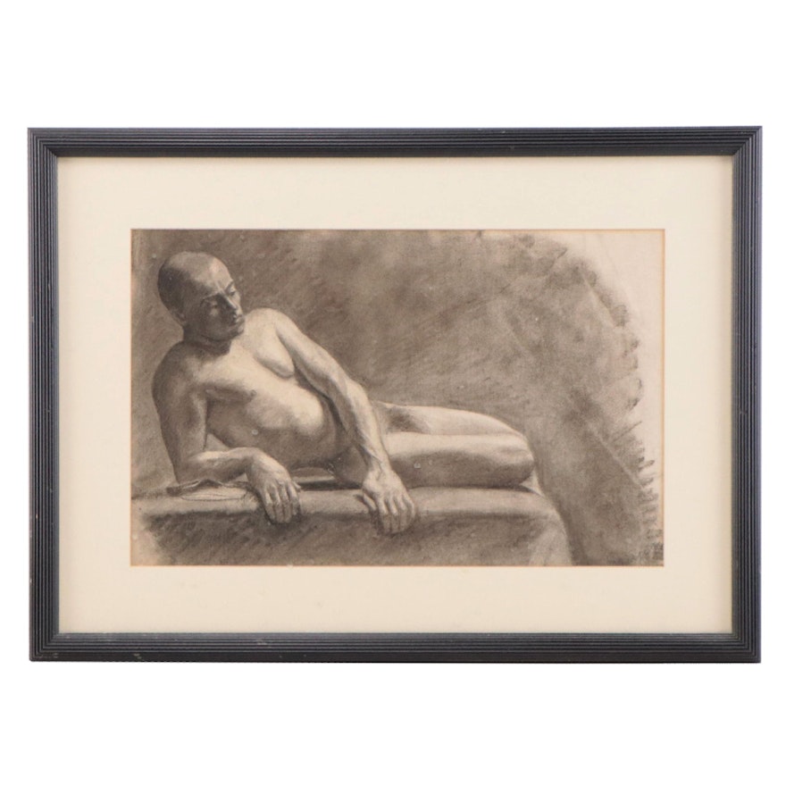 Attributed to Enno Meyer Charcoal Drawing of Reclining Male Nude