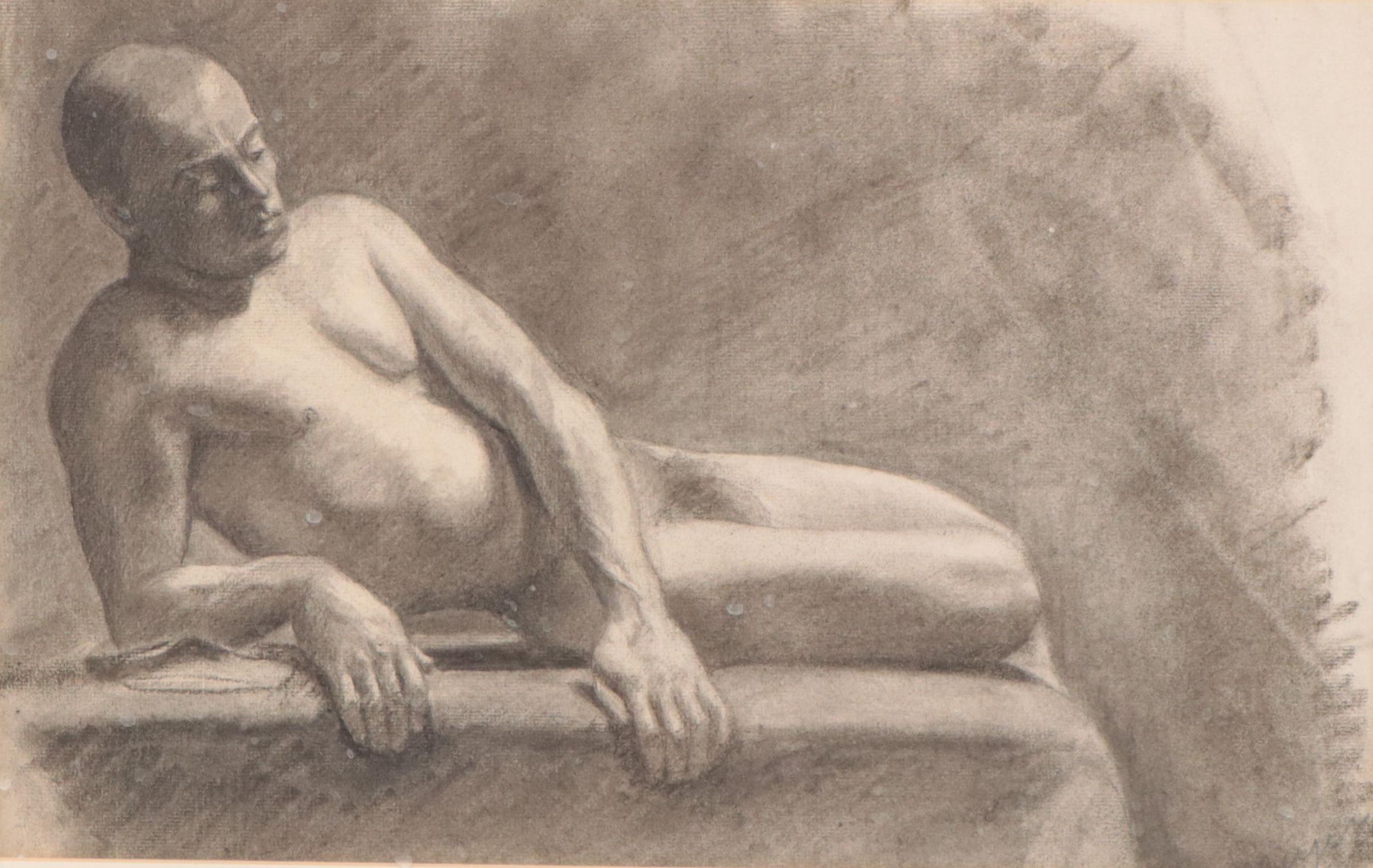 Attributed to Enno Meyer Charcoal Drawing of Reclining Male Nude