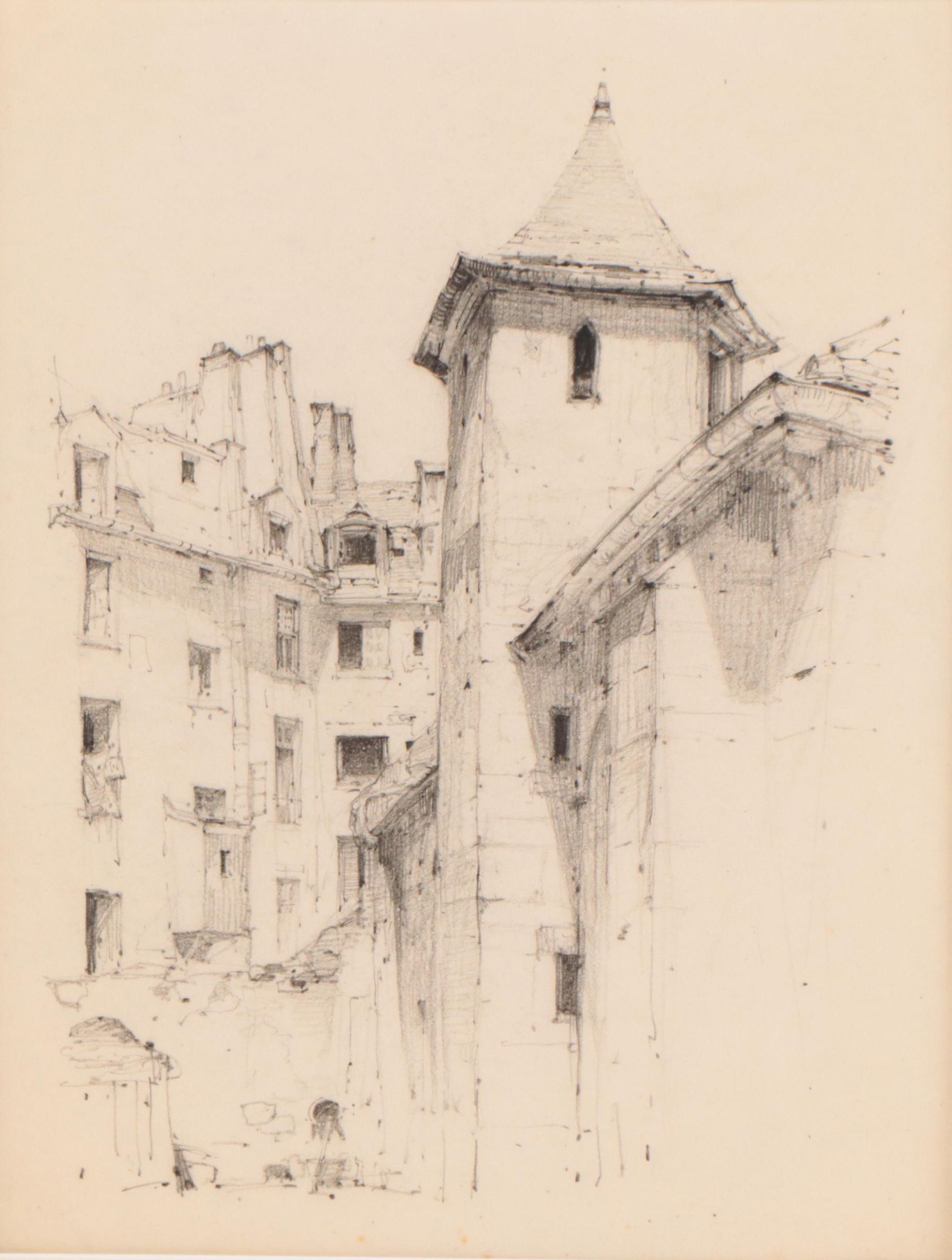 Henry Trier Graphite Drawing of European Buildings, Circa 1945
