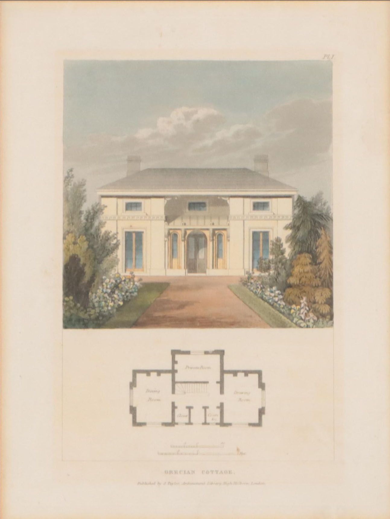 Hand-Colored Architectural Aquatint "Grecian Cottage"