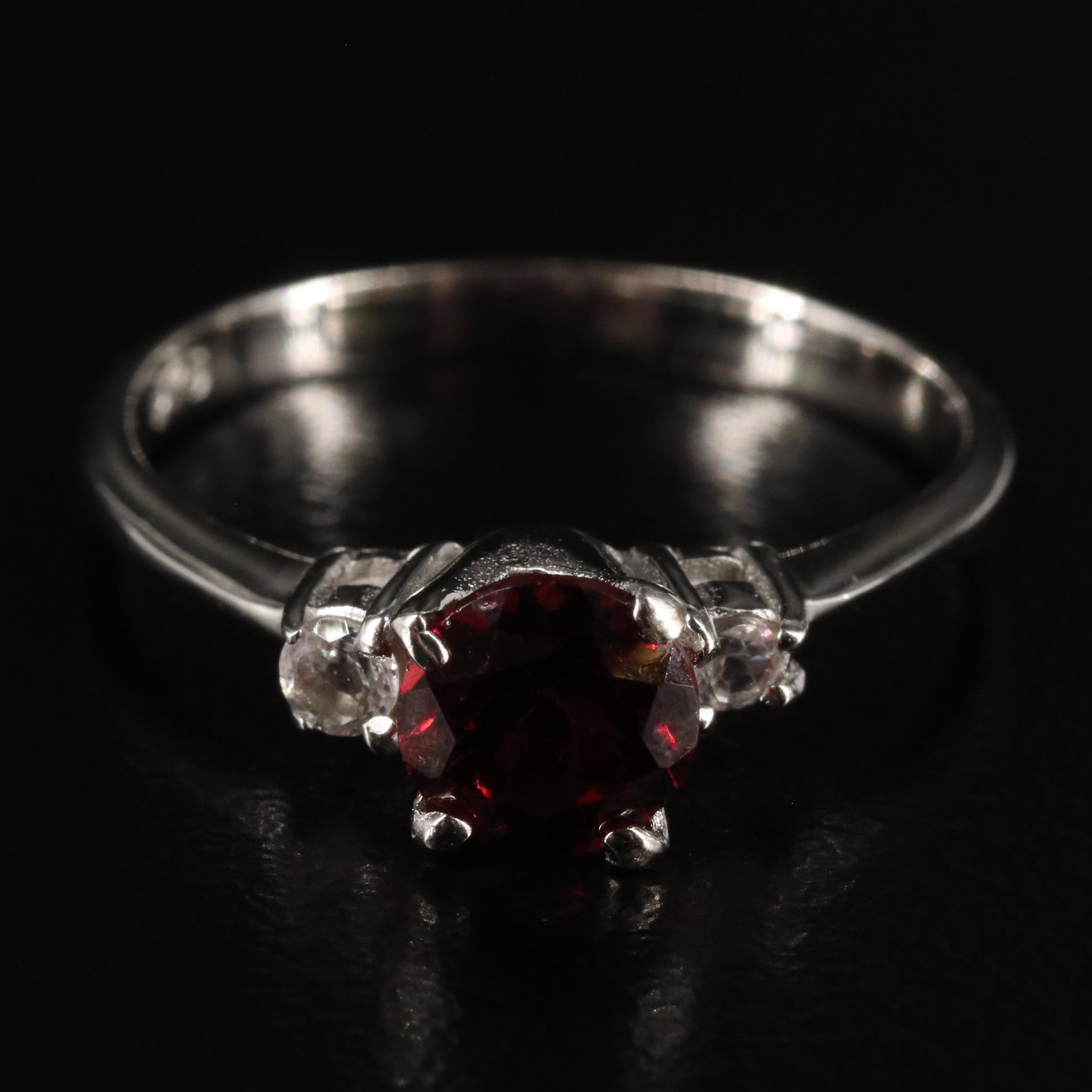 Sterling Garnet and White Topaz Three Stone Ring