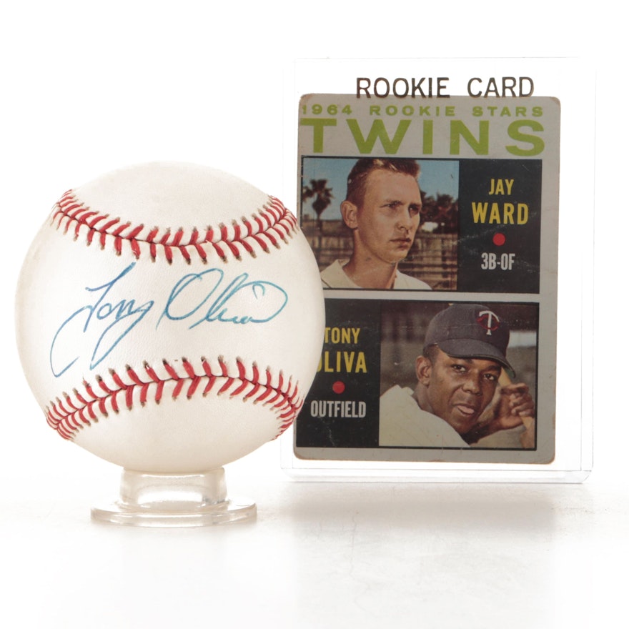 Tony Oliva Signed Rawlings Baseball with 1964 Topps Rookie Card