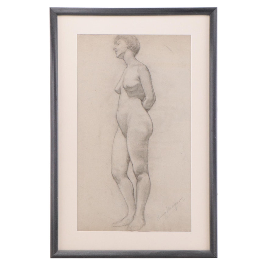 Enno Meyer Charcoal Drawing of Standing Female Nude, circa 1940