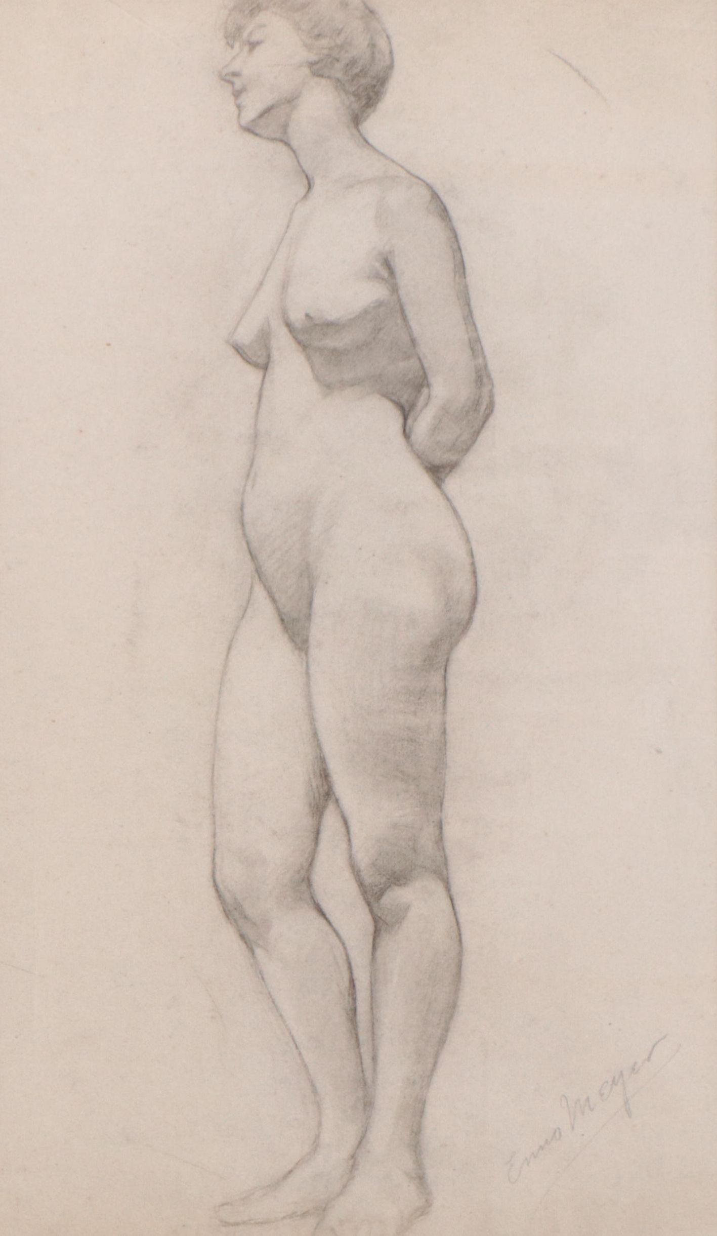 Enno Meyer Charcoal Drawing of Standing Female Nude, circa 1940